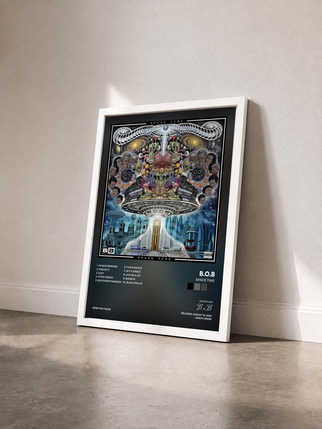 #blanc Tableau de l'album Space Time de B.o.B vu de trois quarts, cadre blanc