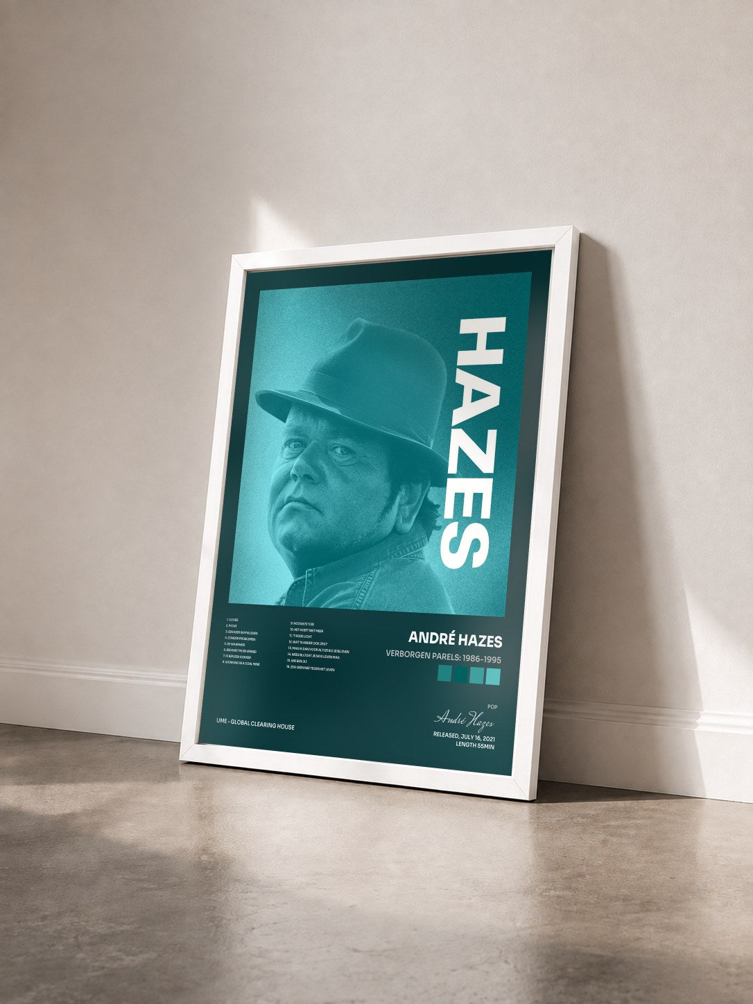 #blanc Tableau de l'album Verborgen Parels: 1986-1995 de André Hazes vu de trois quarts, cadre blanc