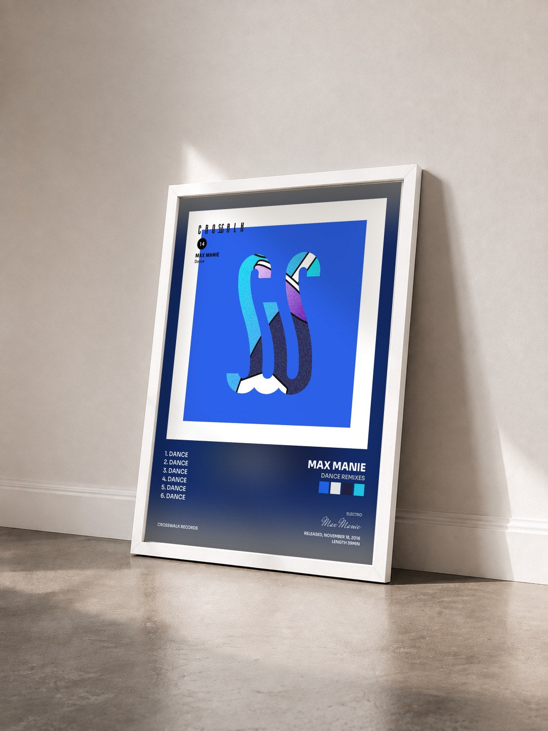 #blanc Tableau de l'album Dance Remixes de Max Manie vu de trois quarts, cadre blanc