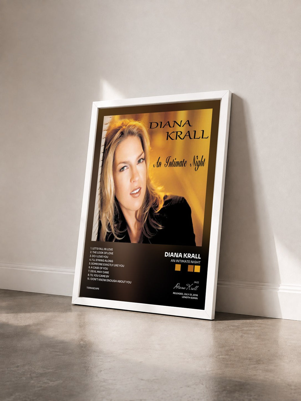 #blanc Tableau de l'album An Intimate Night de Diana Krall vu de trois quarts, cadre blanc