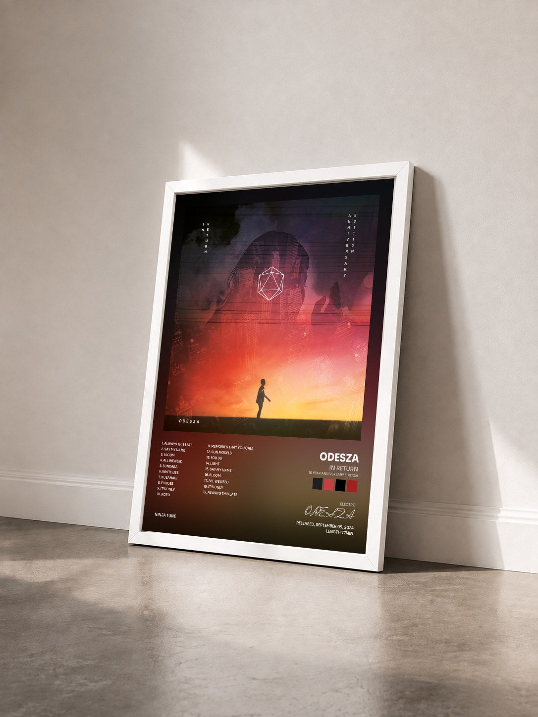 #blanc Tableau de l'album In Return (10 Year Anniversary Edition) de ODESZA vu de trois quarts, cadre blanc