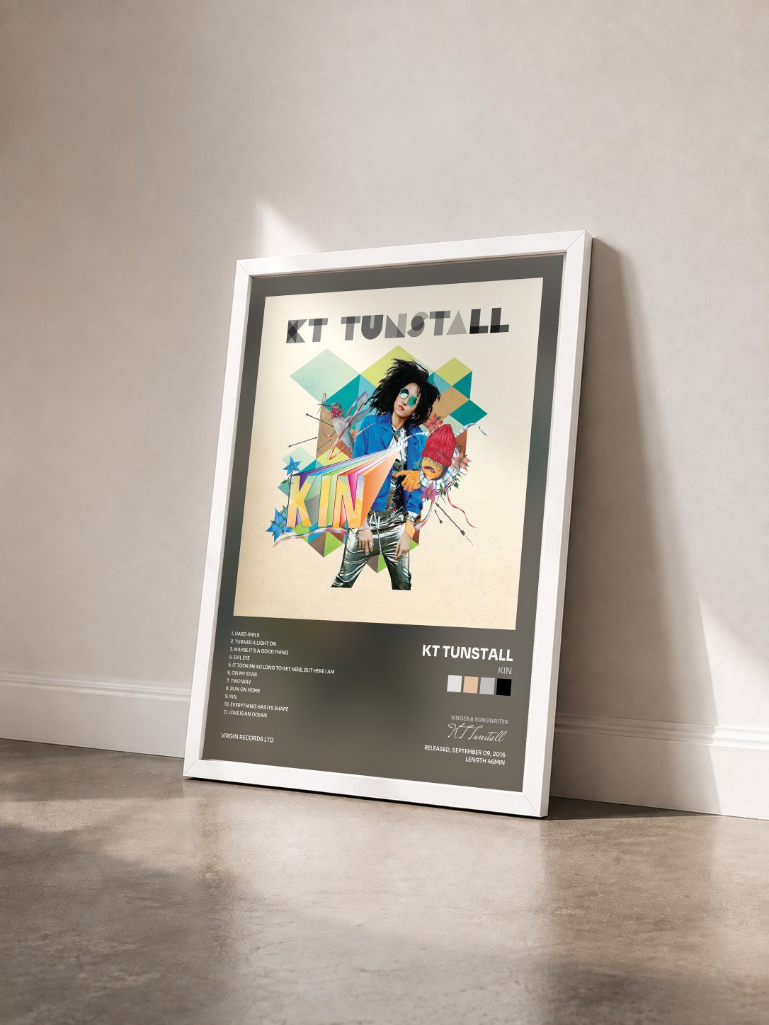 #blanc Tableau de l'album KIN de KT Tunstall vu de trois quarts, cadre blanc