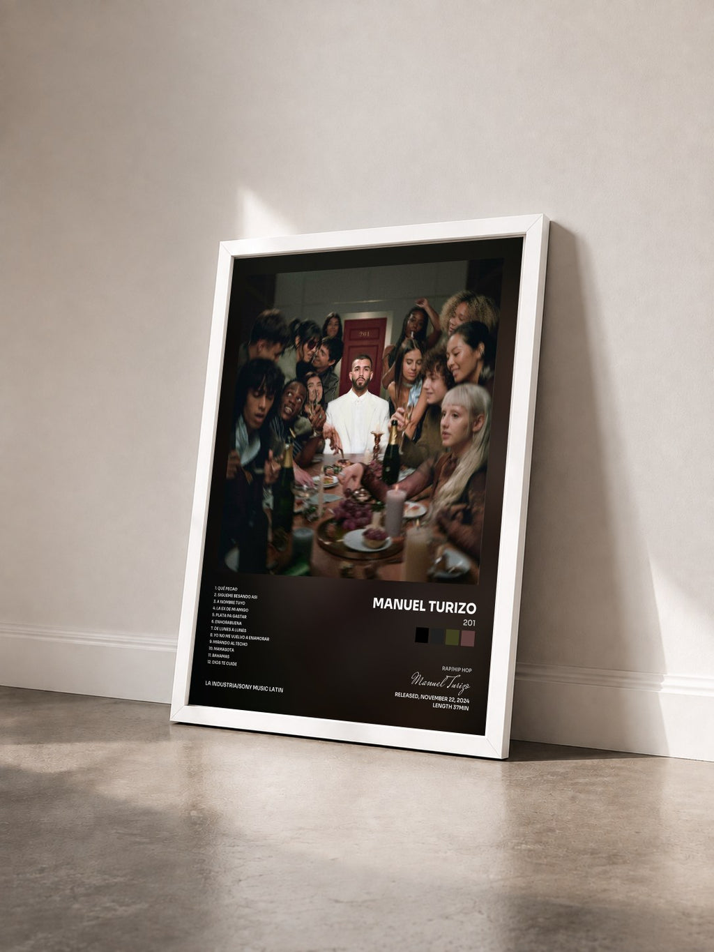 #blanc Tableau de l'album 201 de Manuel Turizo vu de trois quarts, cadre blanc