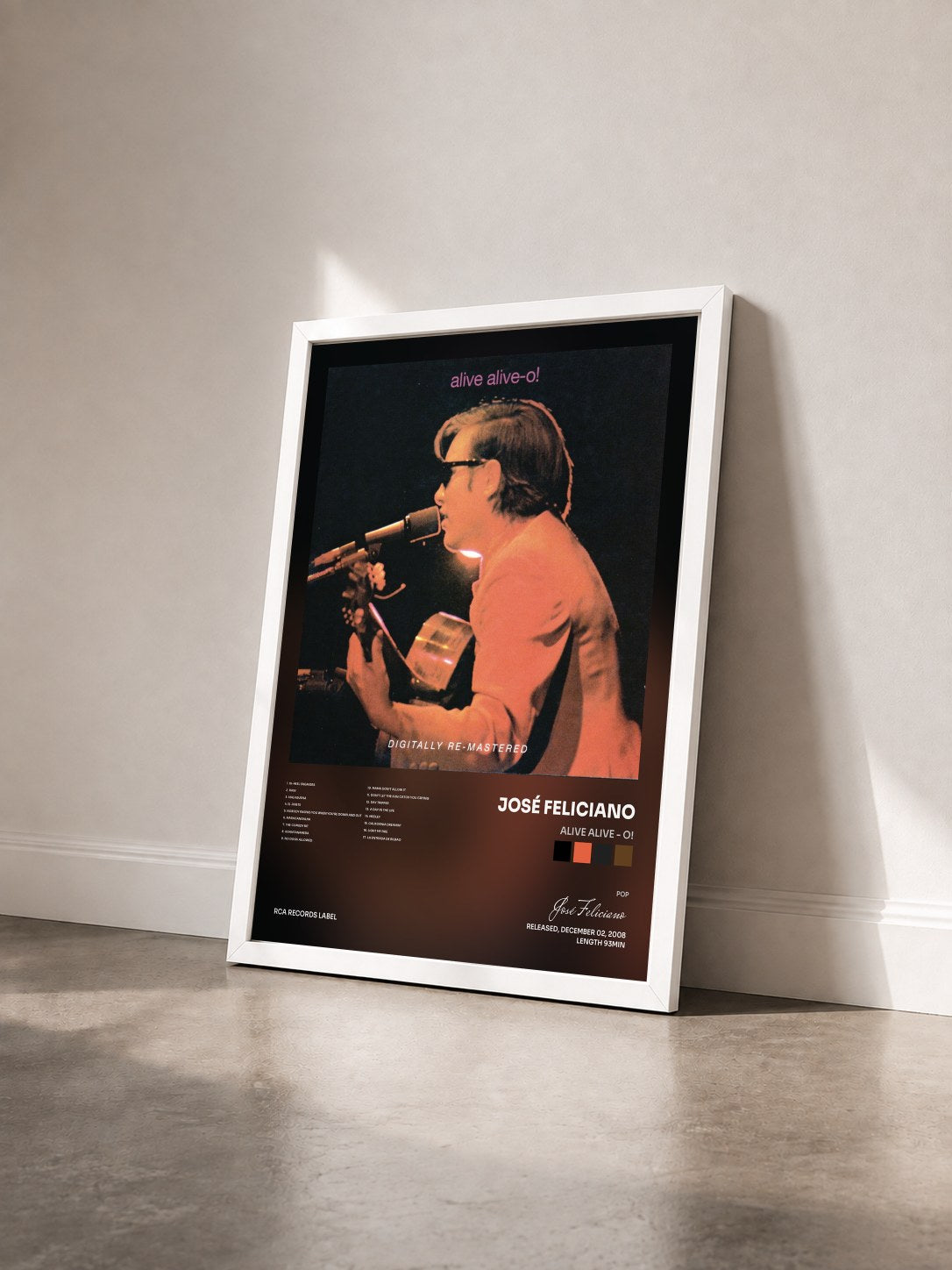 #blanc Tableau de l'album Alive Alive - O! de José Feliciano vu de trois quarts, cadre blanc