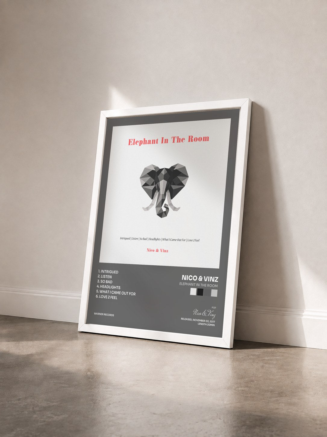 #blanc Tableau de l'album Elephant in the Room de Nico & Vinz vu de trois quarts, cadre blanc