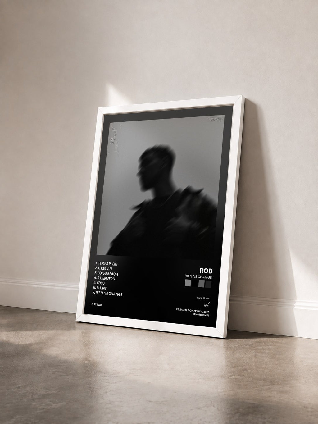 #blanc Rien ne change by rob as a framed art print seen at an angle, white frame