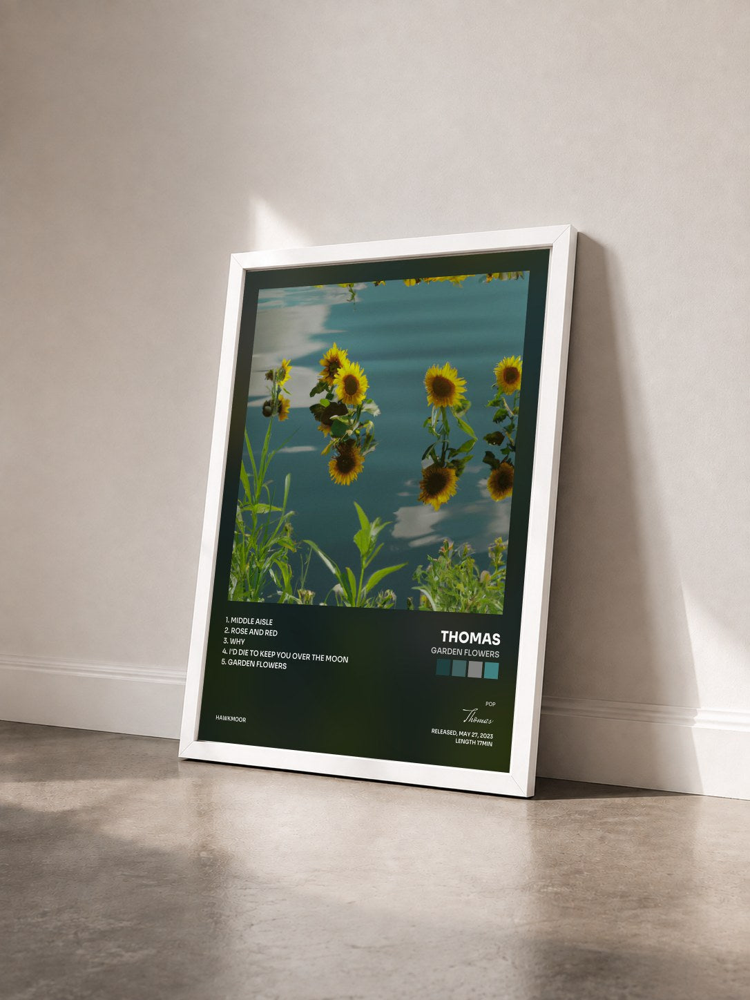 #blanc Tableau de l'album Garden Flowers de Thomas vu de trois quarts, cadre blanc