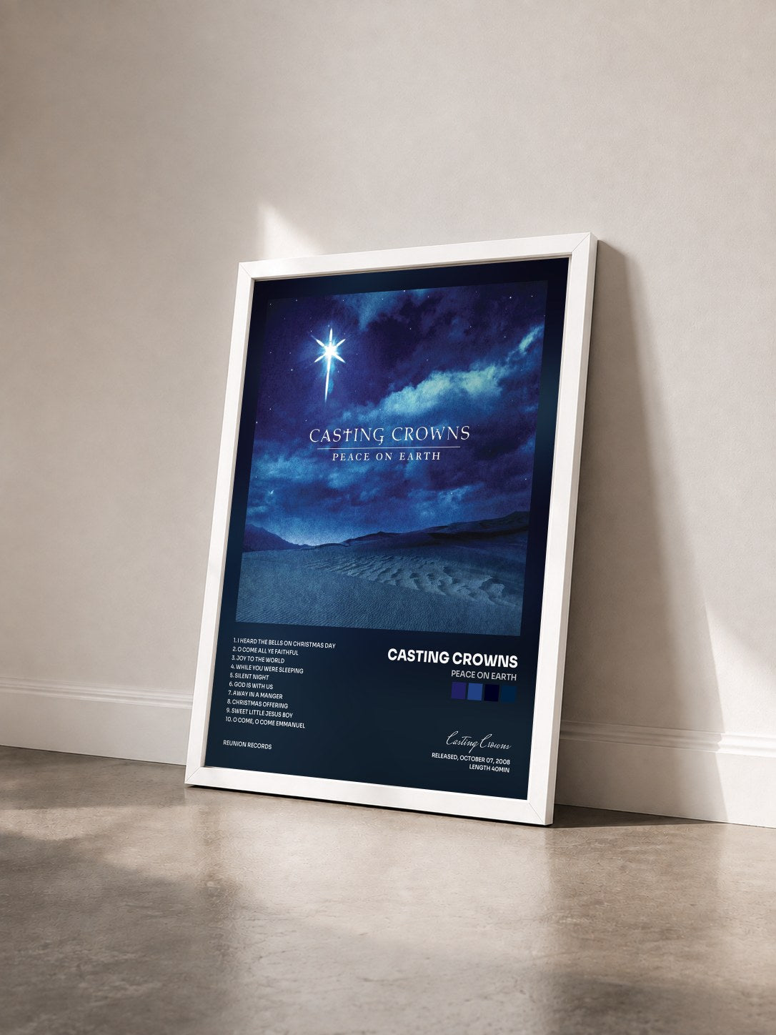 #blanc Tableau de l'album Peace On Earth de Casting Crowns vu de trois quarts, cadre blanc