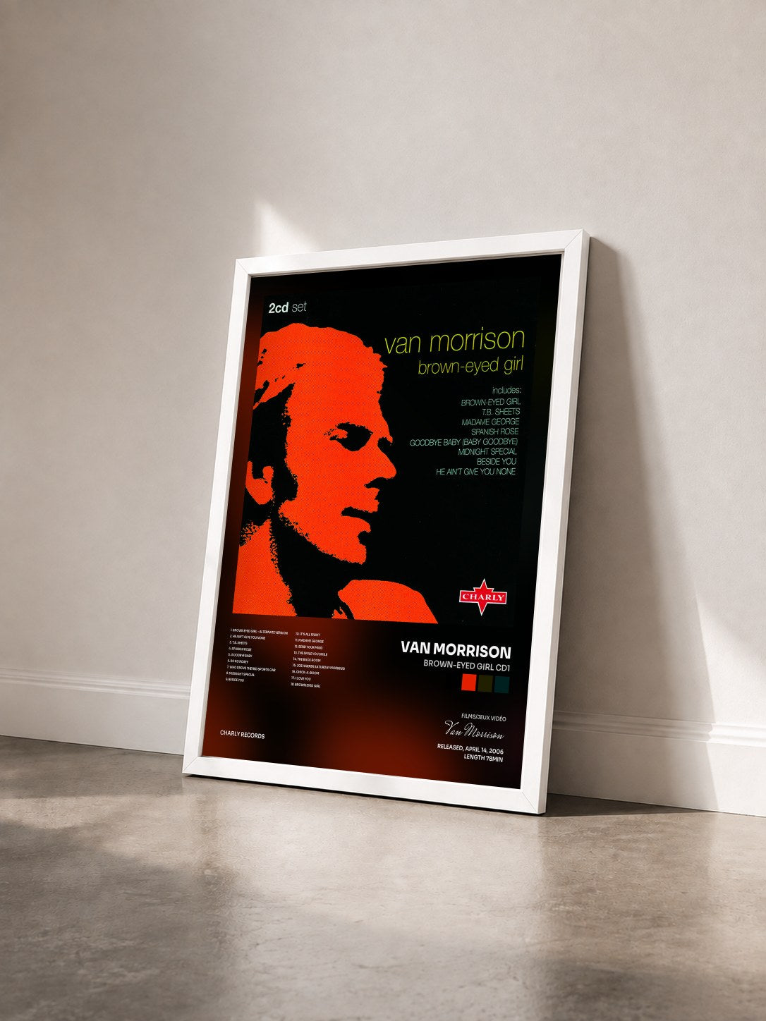 #blanc Tableau de l'album Brown-Eyed Girl CD1 de Van Morrison vu de trois quarts, cadre blanc