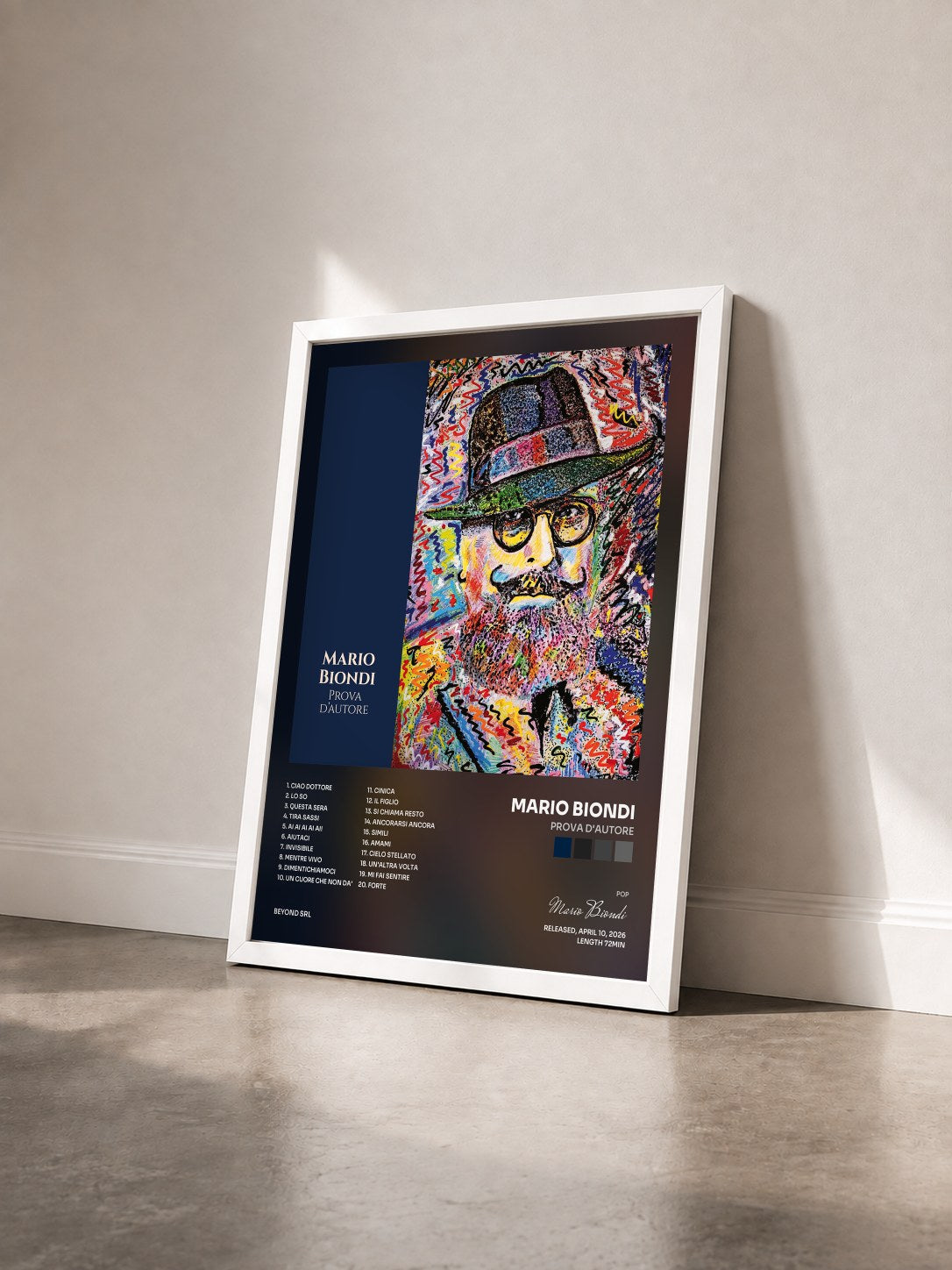 #blanc Tableau de l'album PROVA D'AUTORE de Mario Biondi vu de trois quarts, cadre blanc