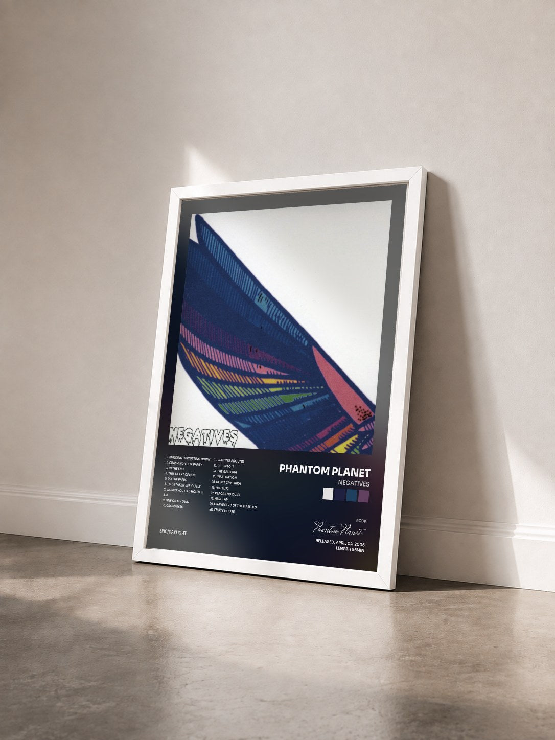 #blanc Tableau de l'album Negatives de Phantom Planet vu de trois quarts, cadre blanc