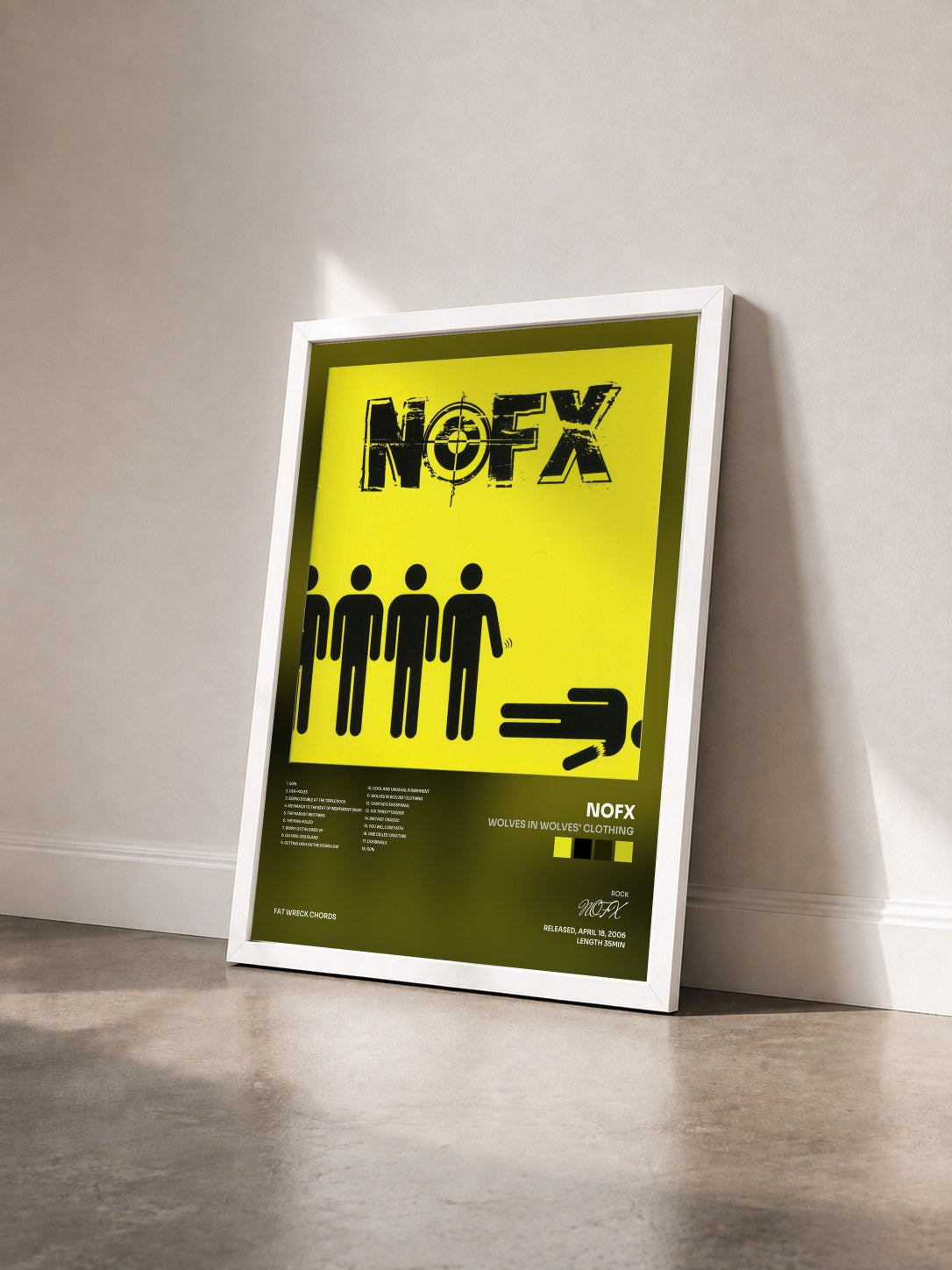 #blanc Tableau de l'album Wolves in Wolves' Clothing de NOFX vu de trois quarts, cadre blanc