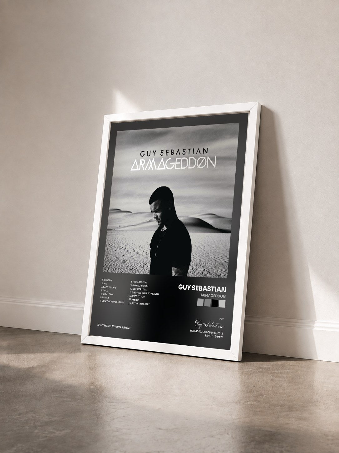 #blanc Tableau de l'album Armageddon de Guy Sebastian vu de trois quarts, cadre blanc