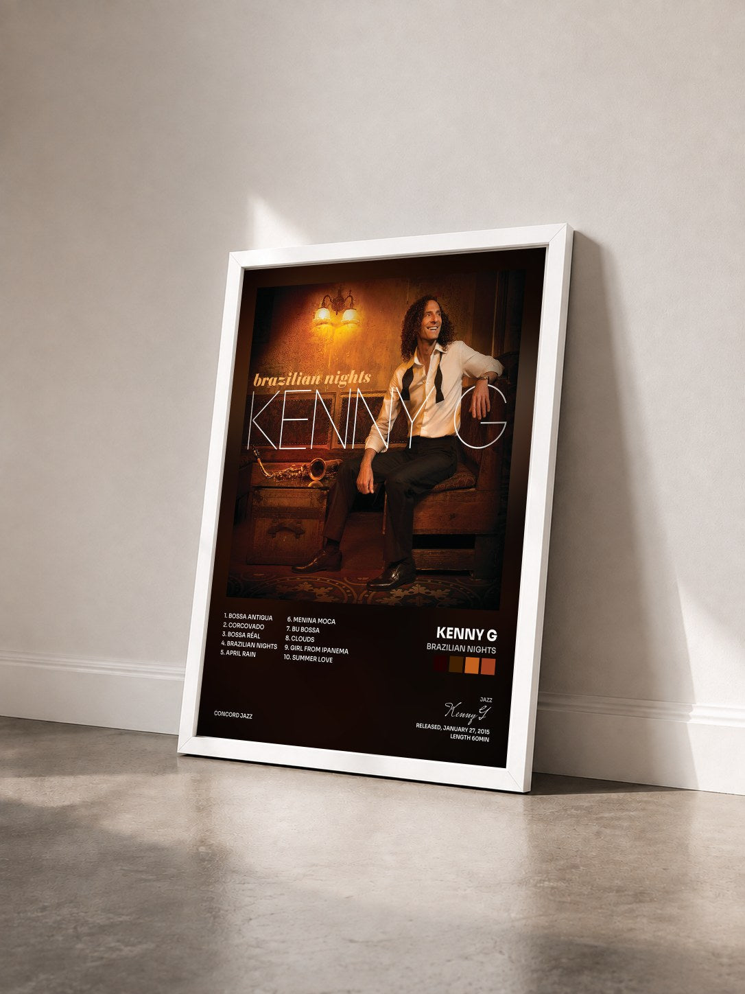 #blanc Tableau de l'album Brazilian Nights de Kenny G vu de trois quarts, cadre blanc