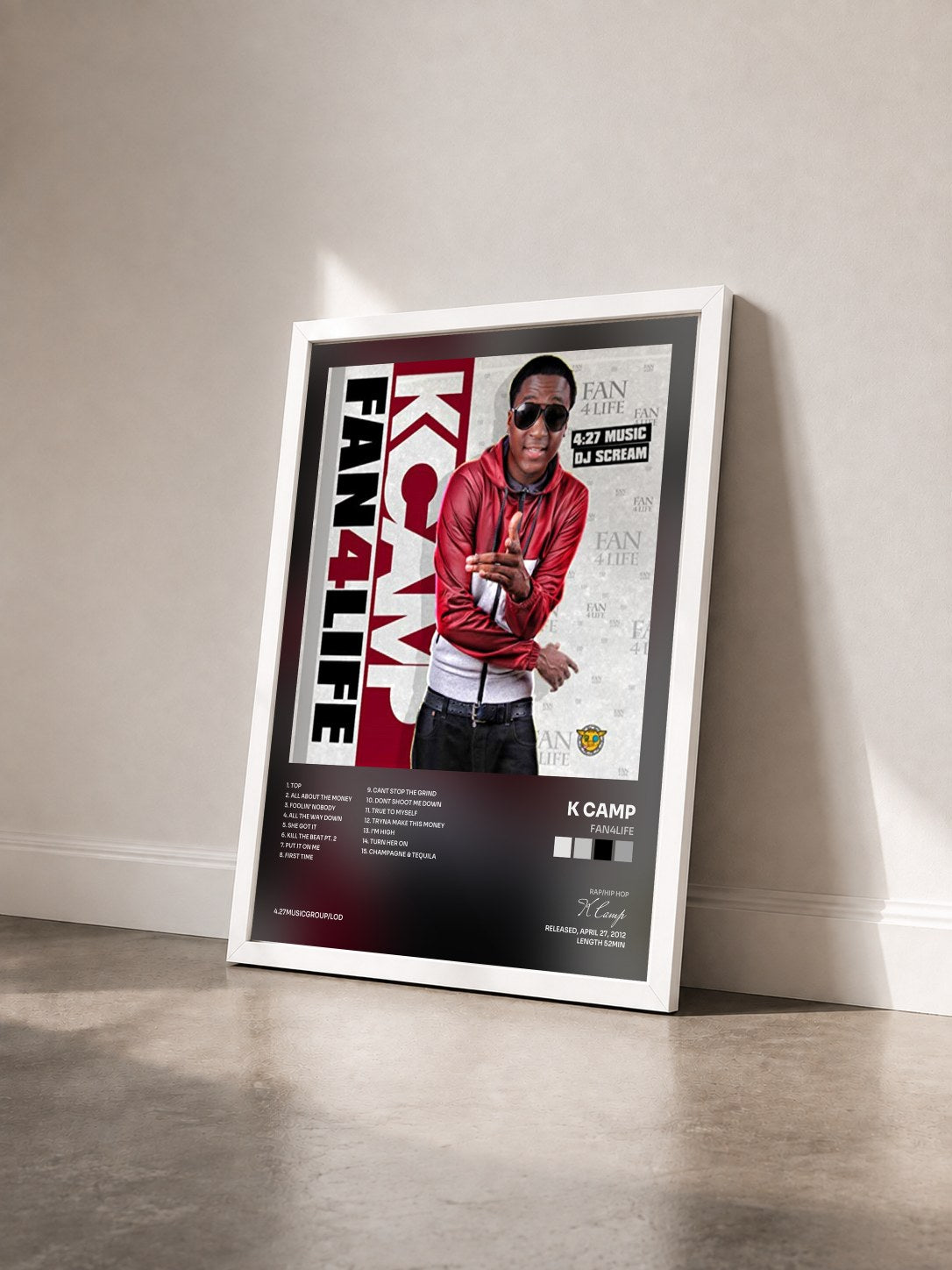 #blanc Tableau de l'album Fan4Life de K Camp vu de trois quarts, cadre blanc
