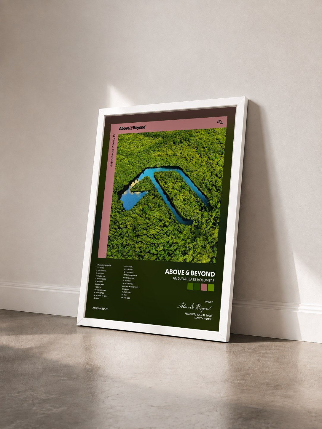 #blanc Tableau de l'album Anjunabeats Volume 15 de Above & Beyond vu de trois quarts, cadre blanc