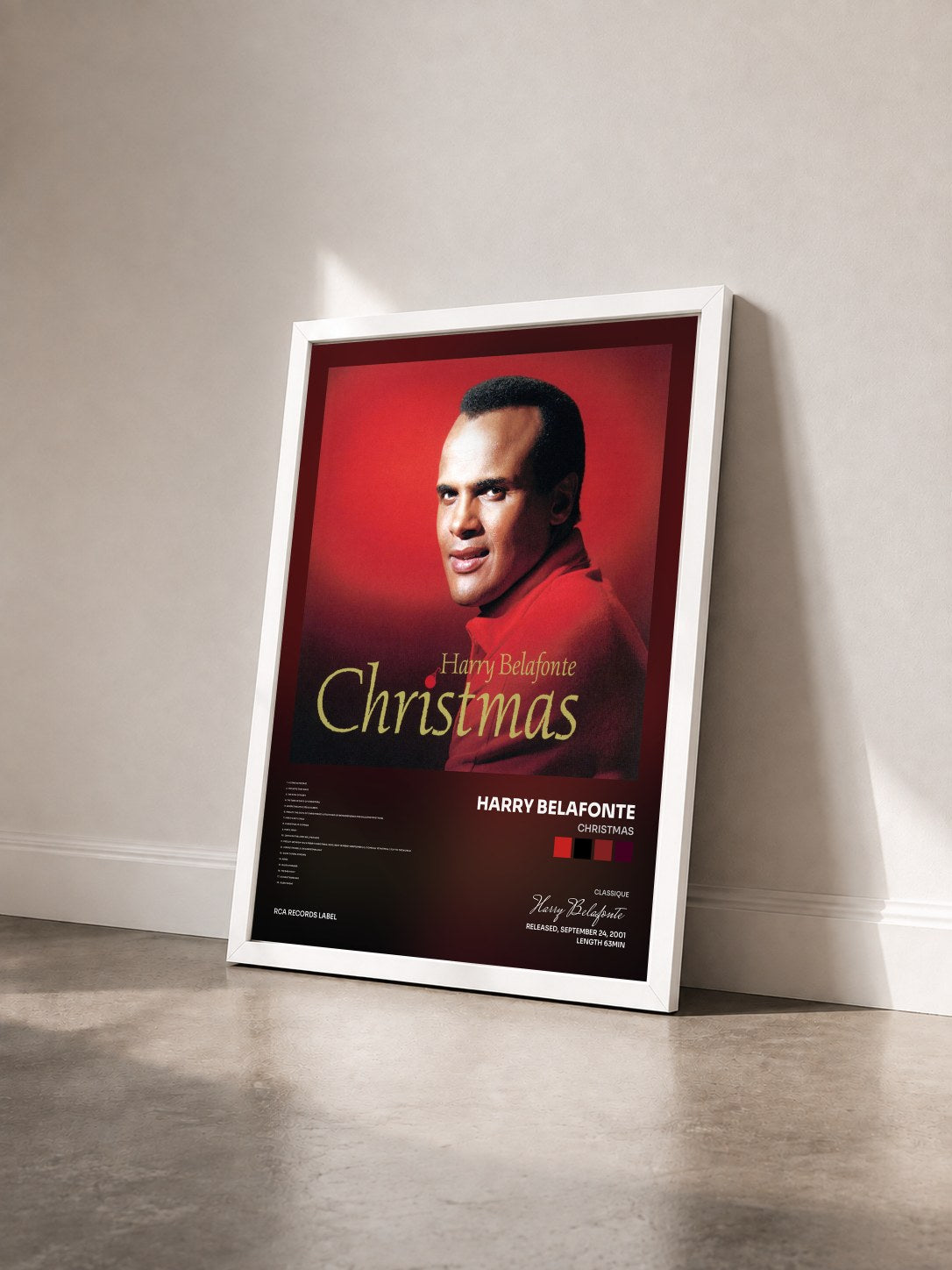 #blanc Tableau de l'album Christmas de Harry Belafonte vu de trois quarts, cadre blanc
