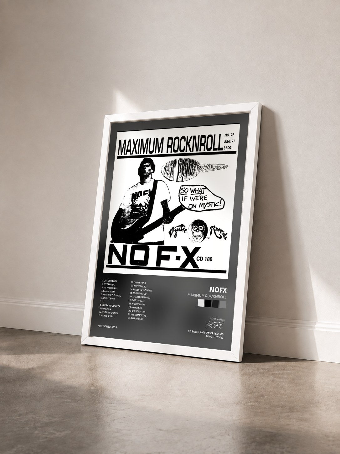 #blanc Tableau de l'album Maximum Rocknroll de NOFX vu de trois quarts, cadre blanc