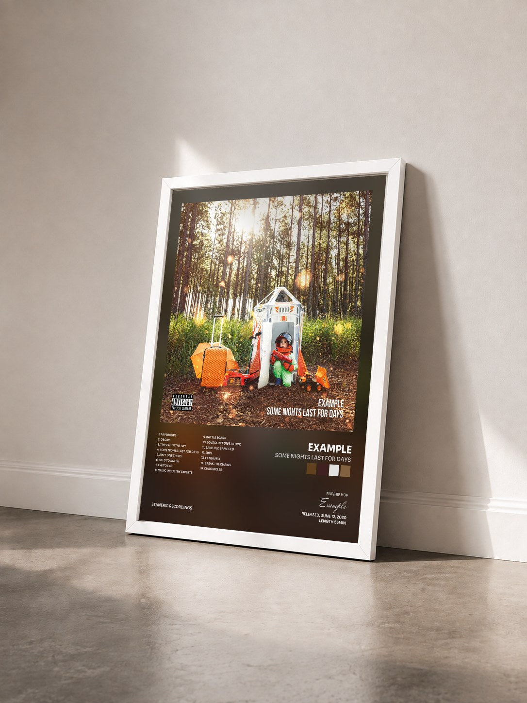 #blanc Tableau de l'album Some Nights Last for Days de Example vu de trois quarts, cadre blanc