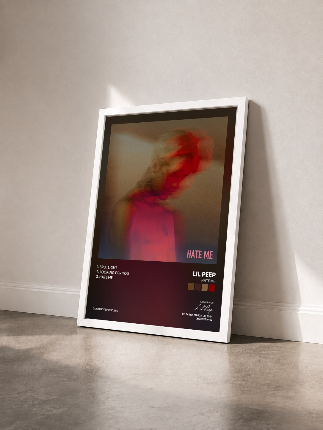 #blanc Tableau de l'album HATE ME de Lil Peep vu de trois quarts, cadre blanc