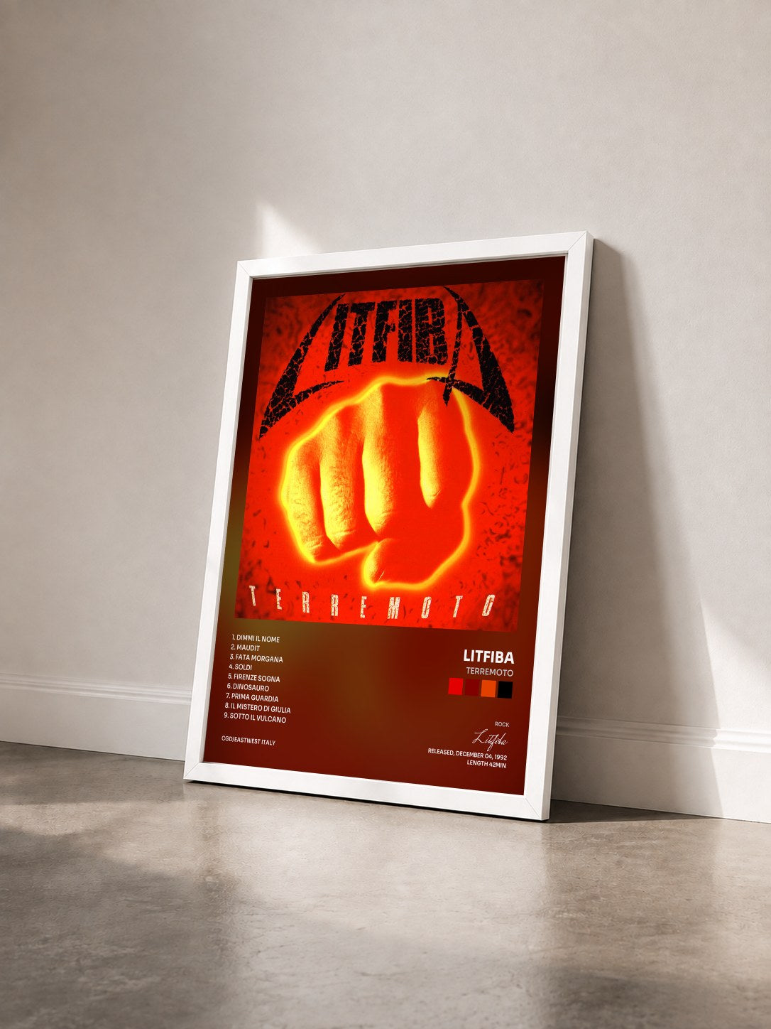 #blanc Tableau de l'album Terremoto de Litfiba vu de trois quarts, cadre blanc
