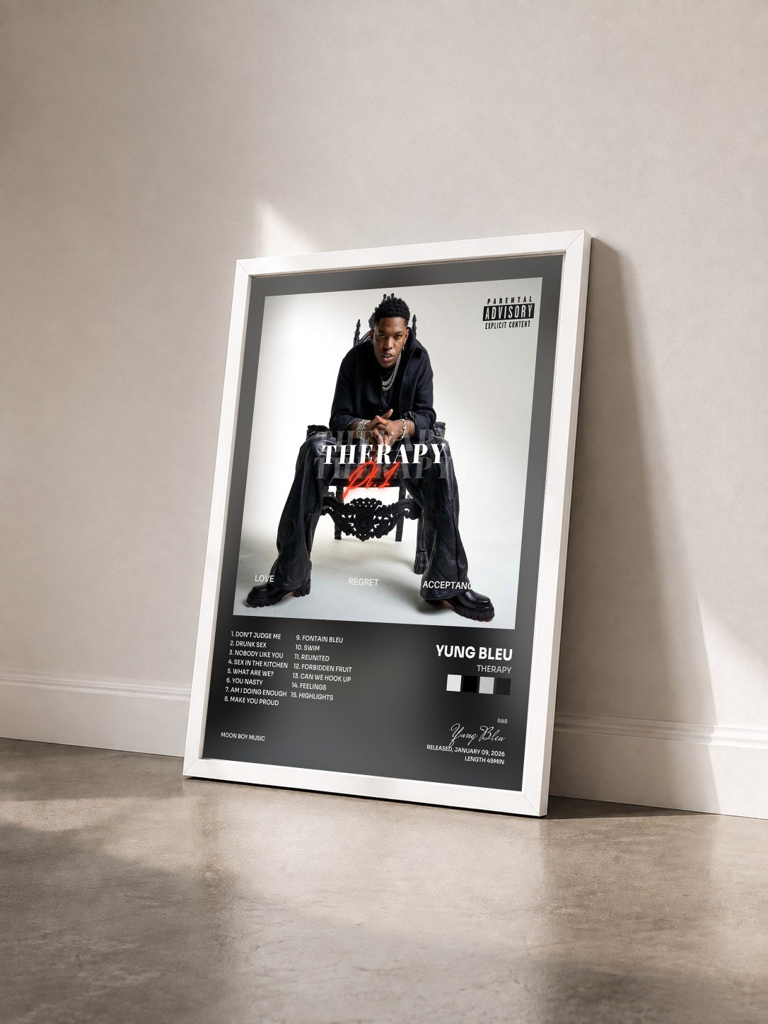 #blanc Tableau de l'album THERAPY de Yung Bleu vu de trois quarts, cadre blanc