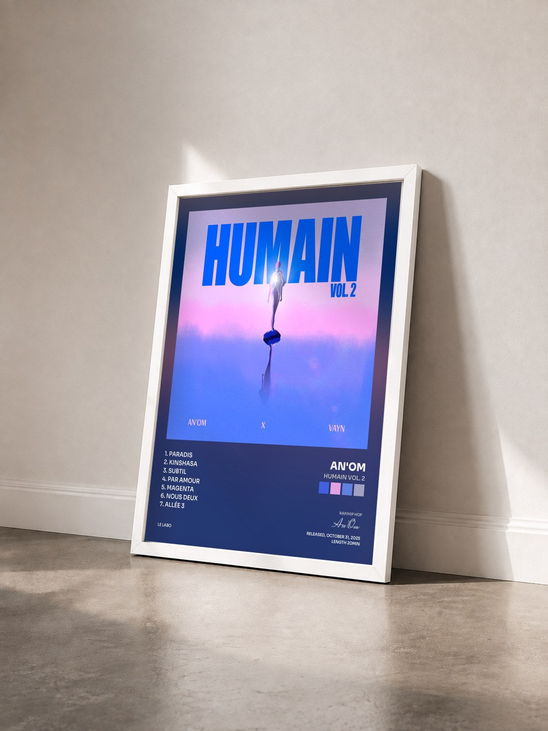 #blanc Tableau de l'album Humain Vol. 2 de An'Om vu de trois quarts, cadre blanc