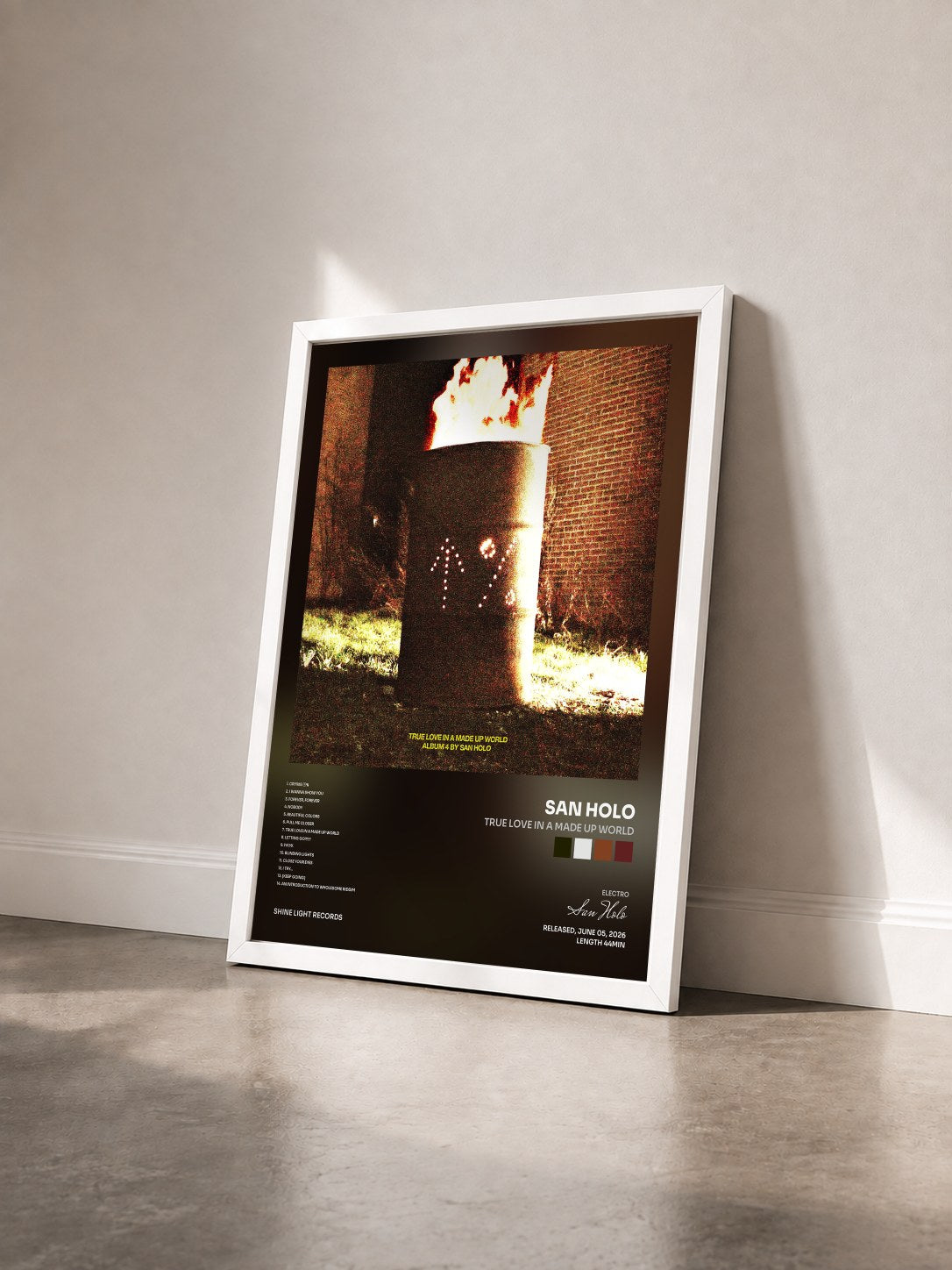 #blanc Tableau de l'album TRUE LOVE IN A MADE UP WORLD de San Holo vu de trois quarts, cadre blanc