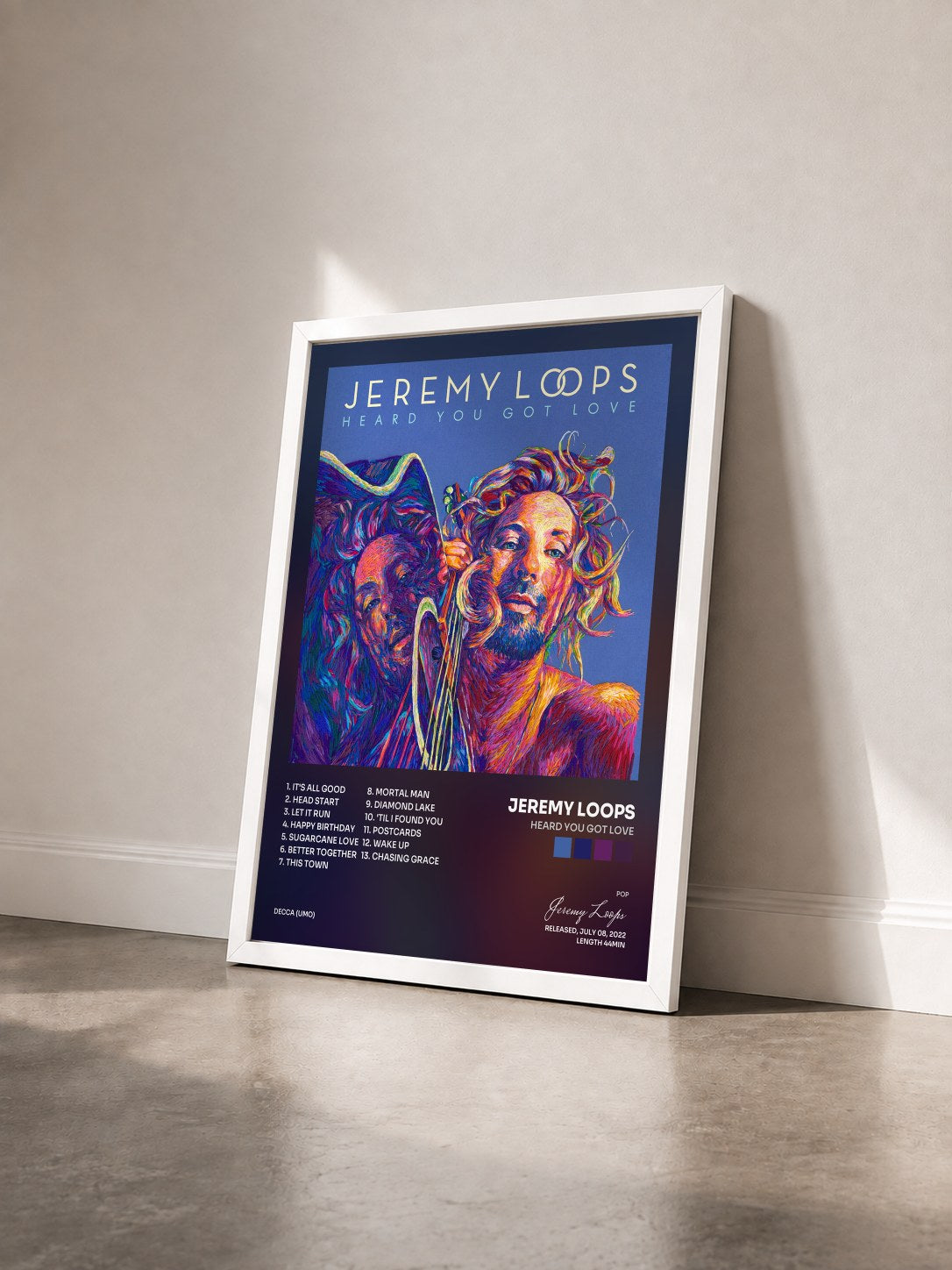 #blanc Tableau de l'album Heard You Got Love de Jeremy Loops vu de trois quarts, cadre blanc