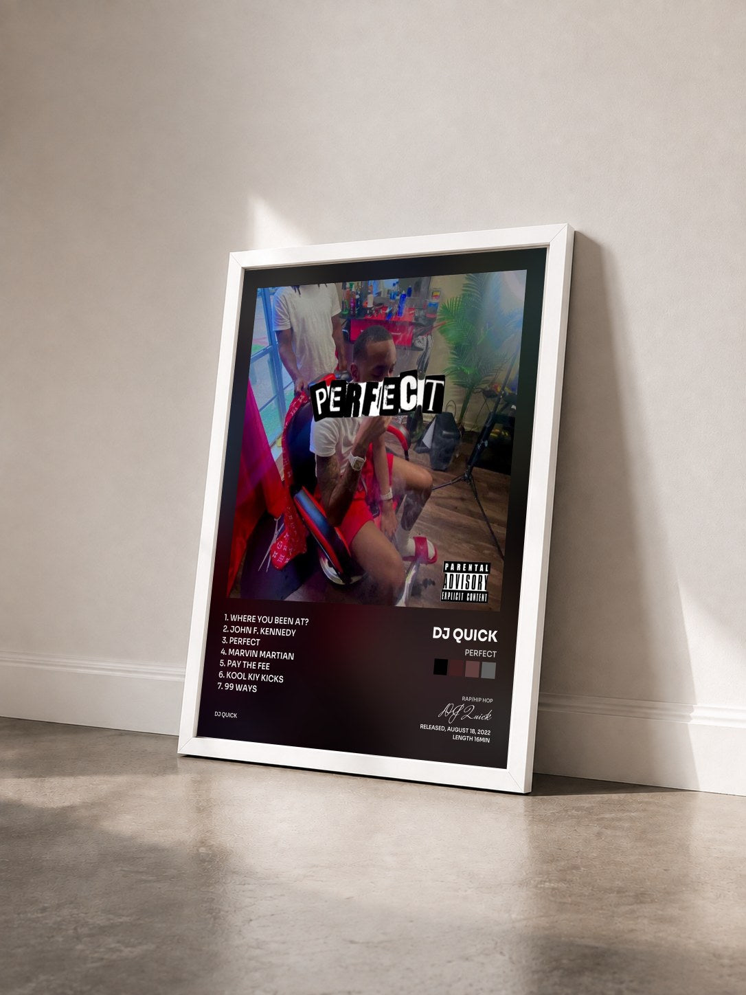 #blanc Tableau de l'album Perfect de DJ Quick vu de trois quarts, cadre blanc