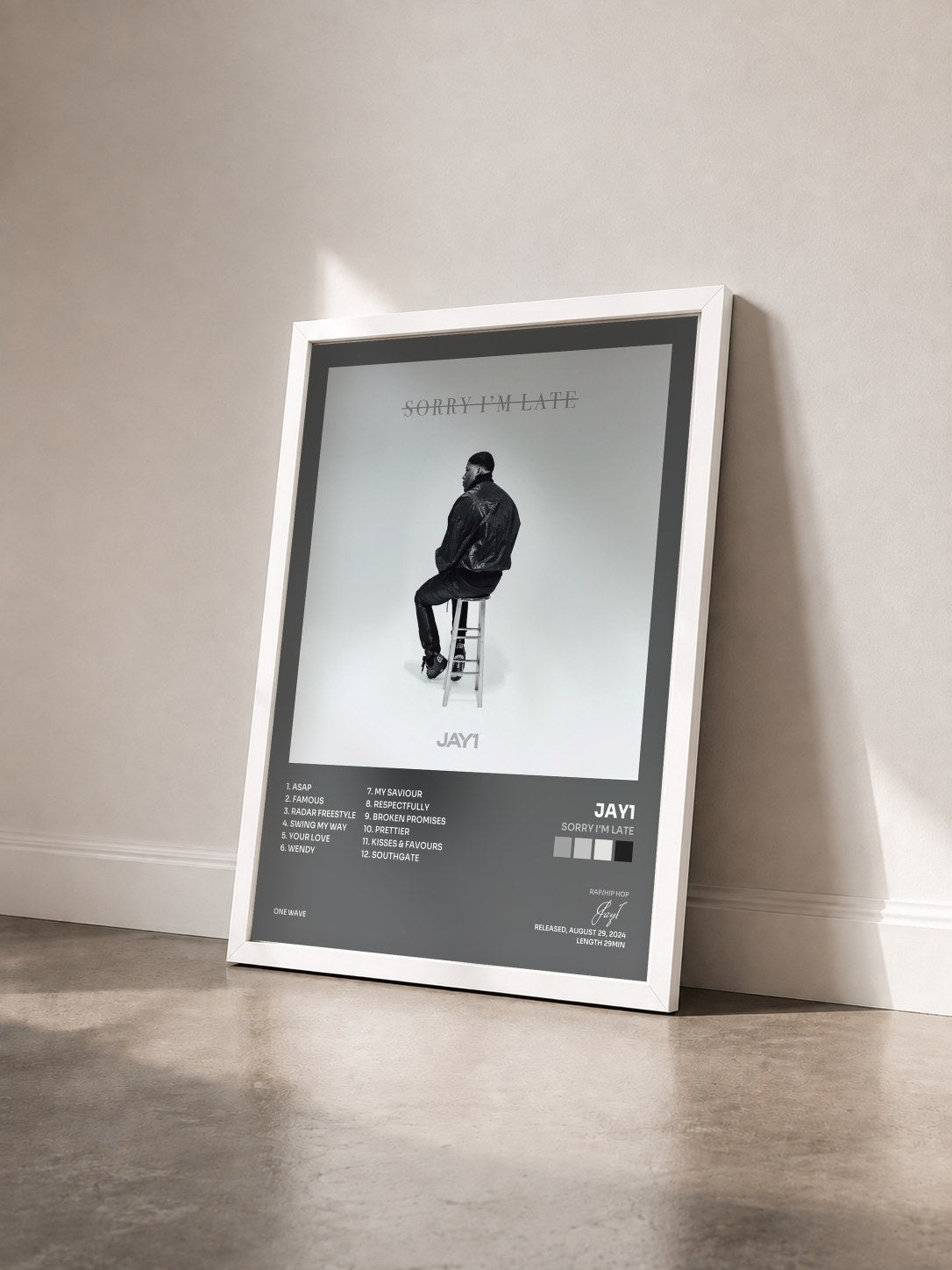 #blanc Tableau de l'album Sorry I'm Late de Jay1 vu de trois quarts, cadre blanc