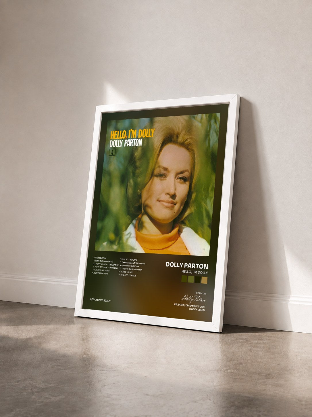 #blanc Tableau de l'album Hello, I'm Dolly de Dolly Parton vu de trois quarts, cadre blanc