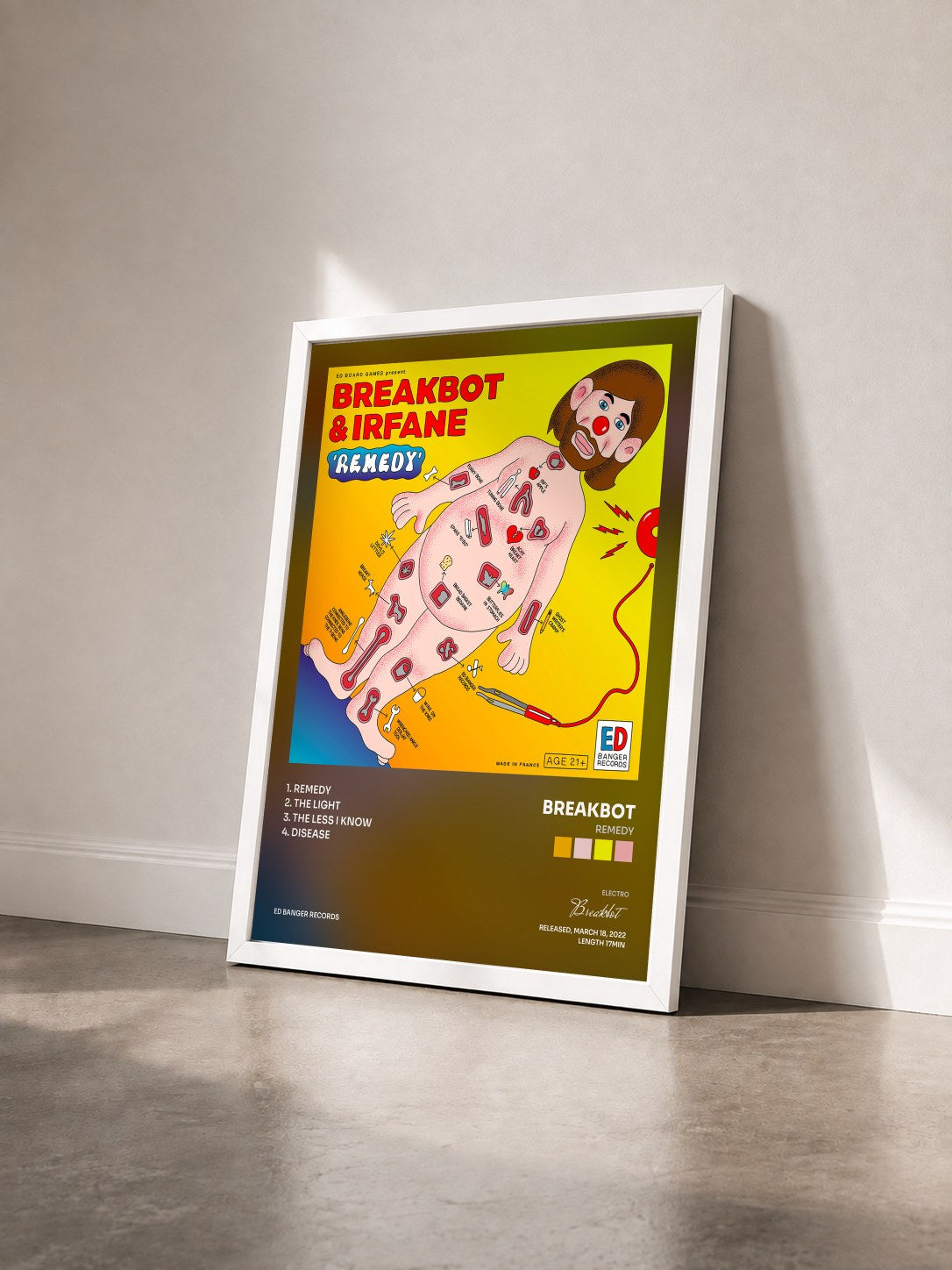 #blanc Tableau de l'album Remedy de Breakbot vu de trois quarts, cadre blanc