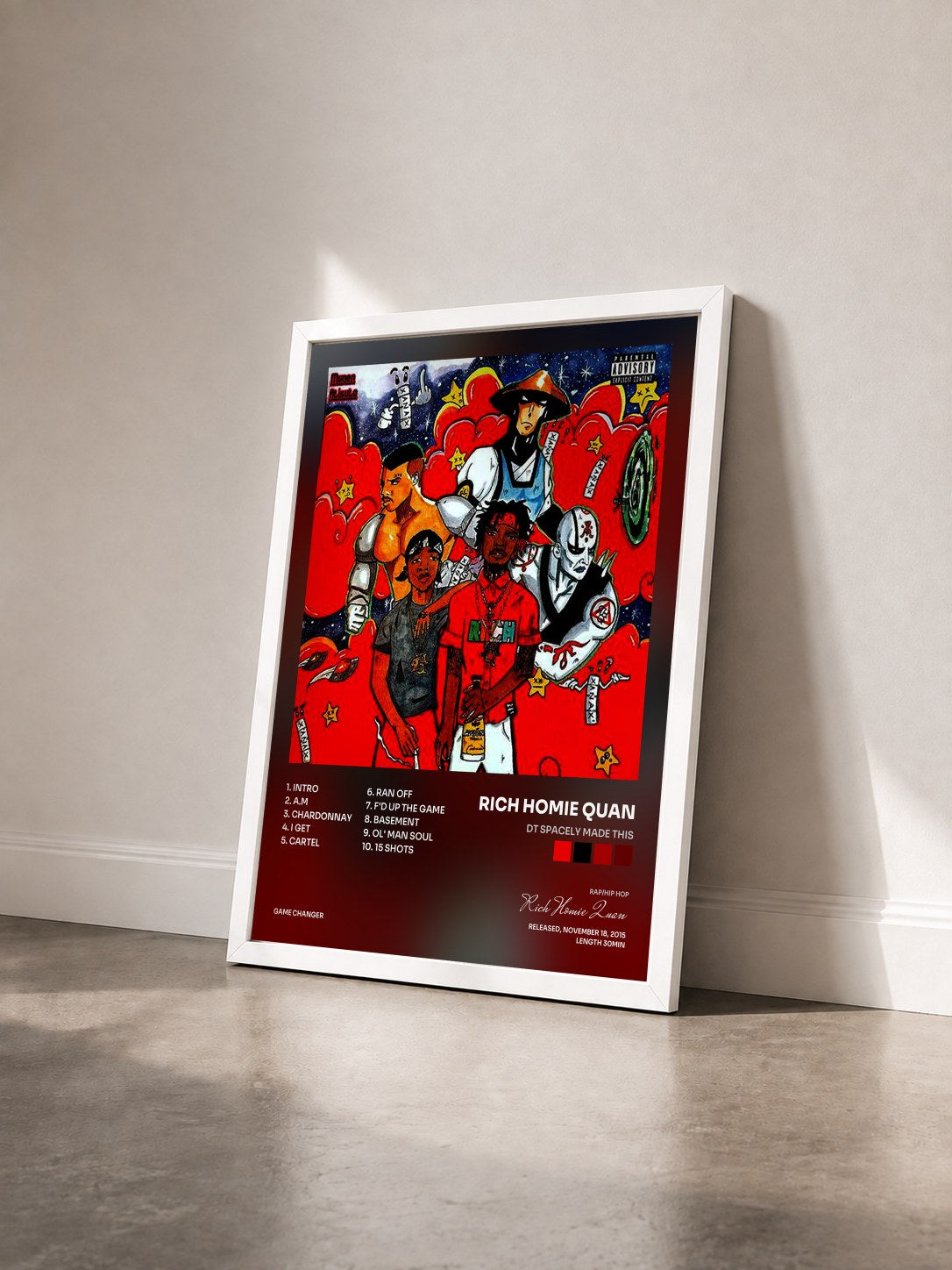 #blanc Tableau de l'album Dt Spacely Made This de Rich Homie Quan vu de trois quarts, cadre blanc