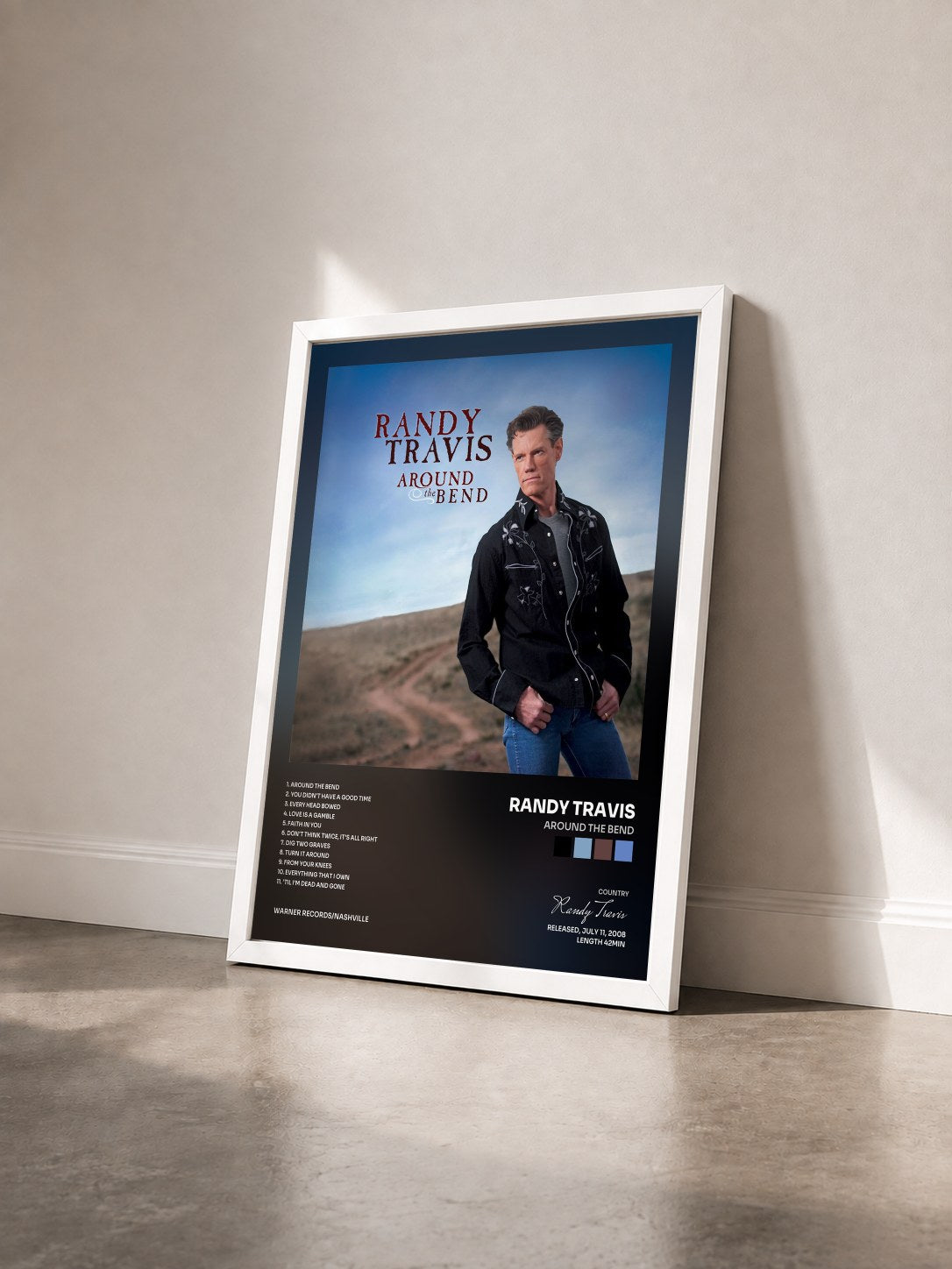 #blanc Tableau de l'album Around the Bend de Randy Travis vu de trois quarts, cadre blanc
