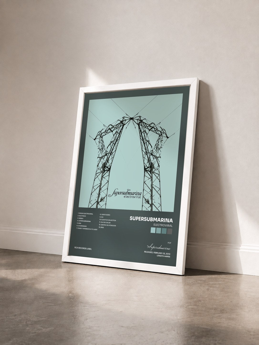 #blanc Tableau de l'album Electroviral de Supersubmarina vu de trois quarts, cadre blanc