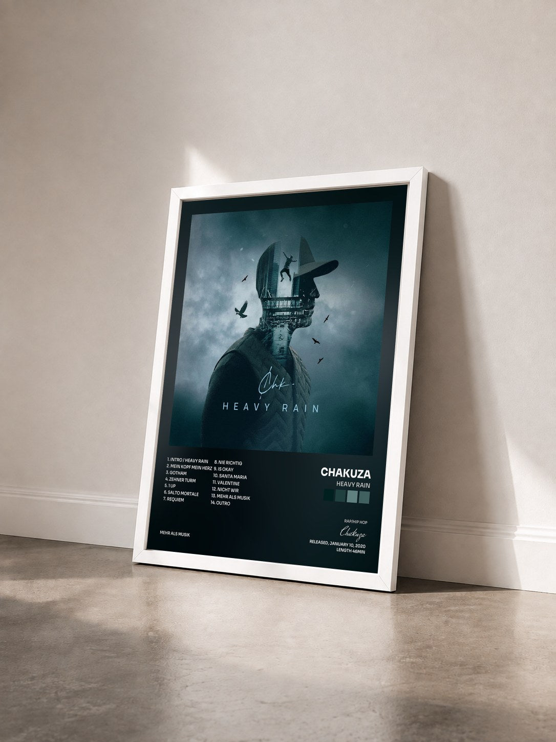 #blanc Tableau de l'album Heavy Rain de Chakuza vu de trois quarts, cadre blanc