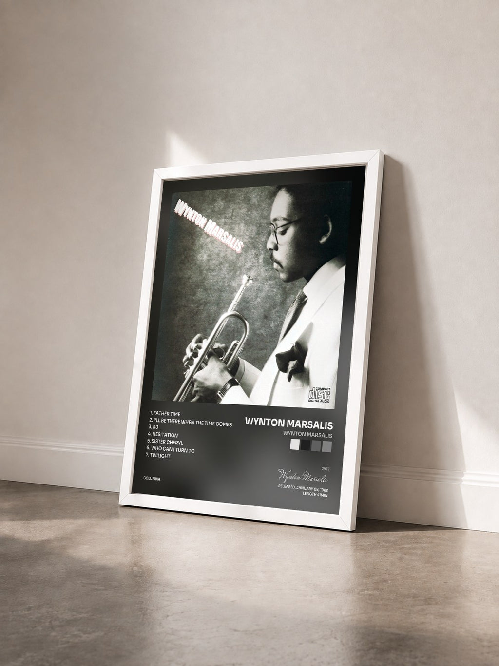 #blanc Wynton Marsalis by Wynton Marsalis as a framed art print seen at an angle, white frame