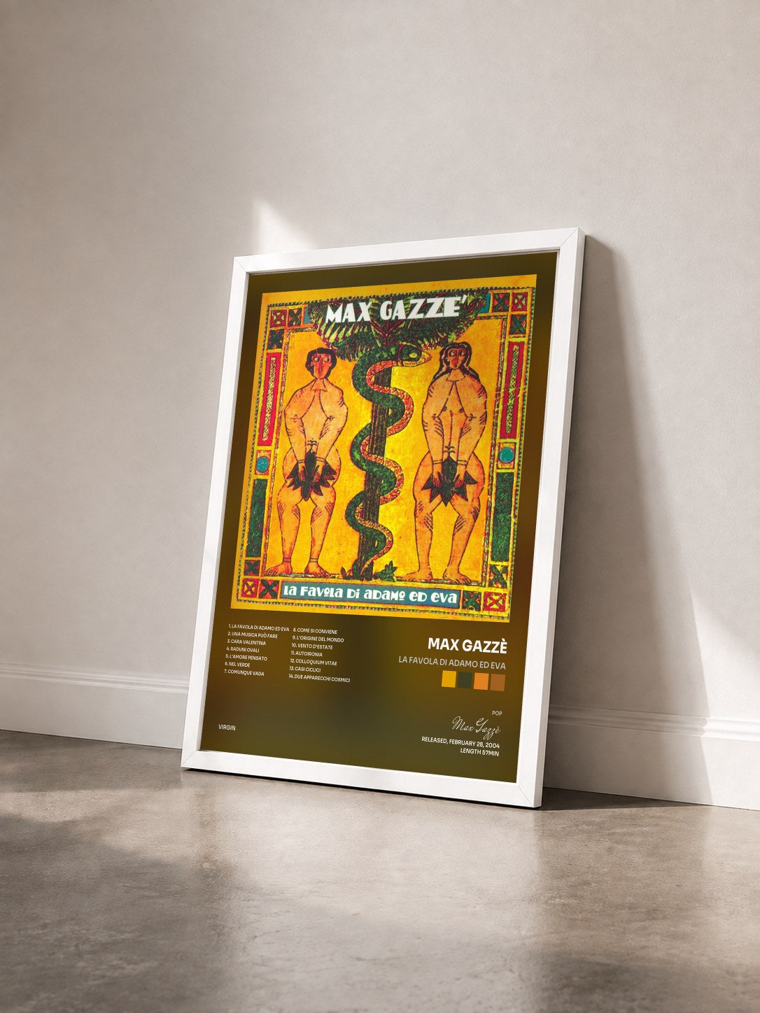 #blanc Tableau de l'album La Favola Di Adamo Ed Eva de Max Gazzè vu de trois quarts, cadre blanc