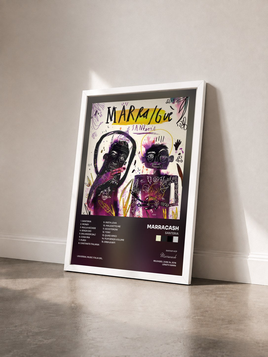 #blanc Tableau de l'album Santeria de Marracash vu de trois quarts, cadre blanc