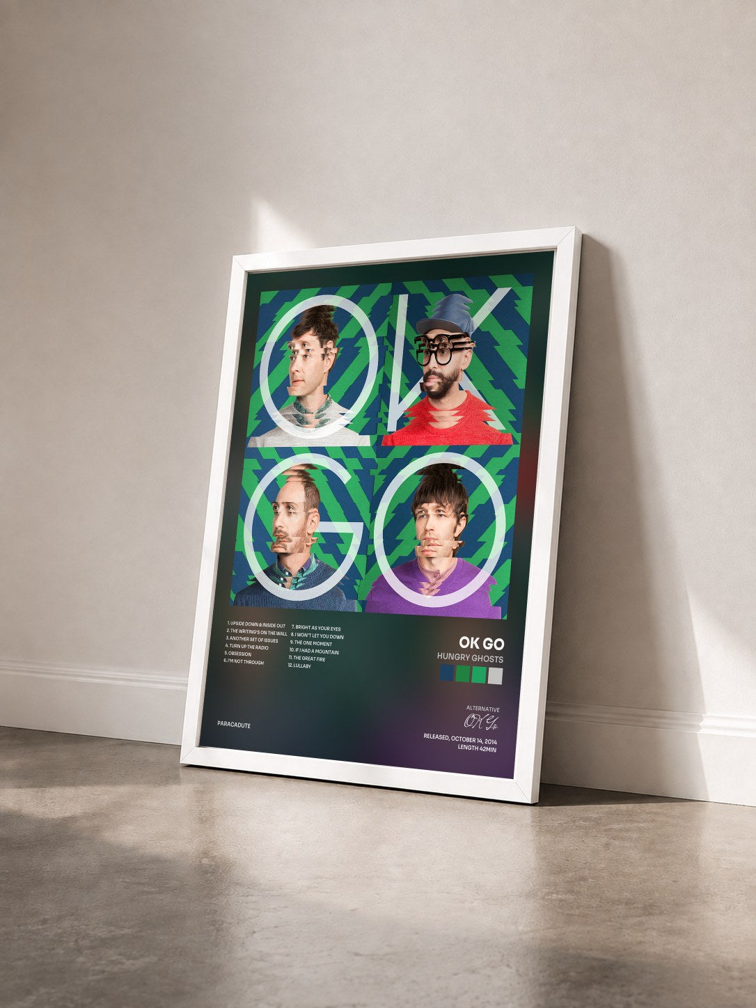 #blanc Tableau de l'album Hungry Ghosts de OK Go vu de trois quarts, cadre blanc