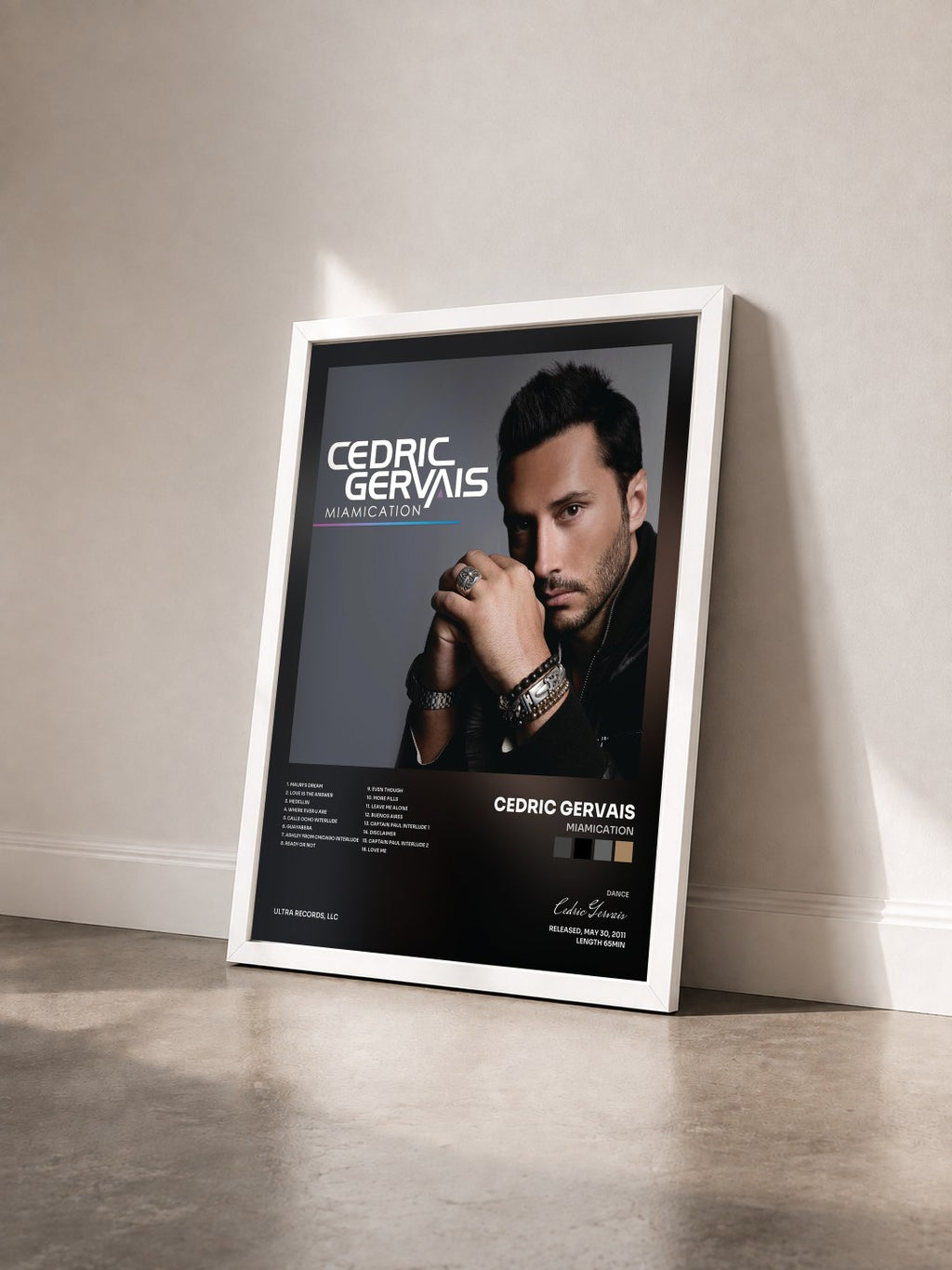 #blanc Tableau de l'album Miamication de Cedric Gervais vu de trois quarts, cadre blanc