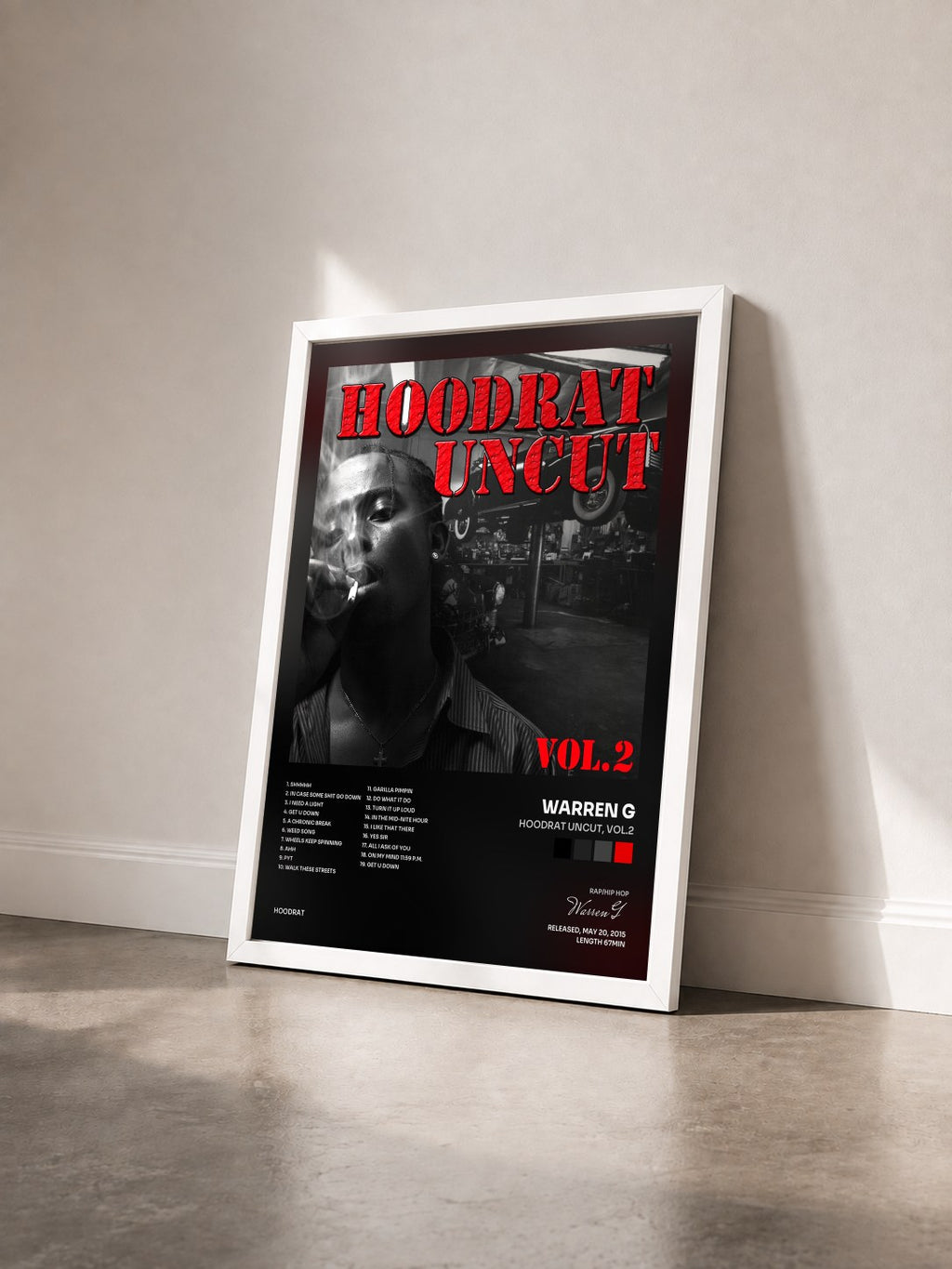 #blanc Tableau de l'album Hoodrat Uncut, Vol.2 de Warren G vu de trois quarts, cadre blanc
