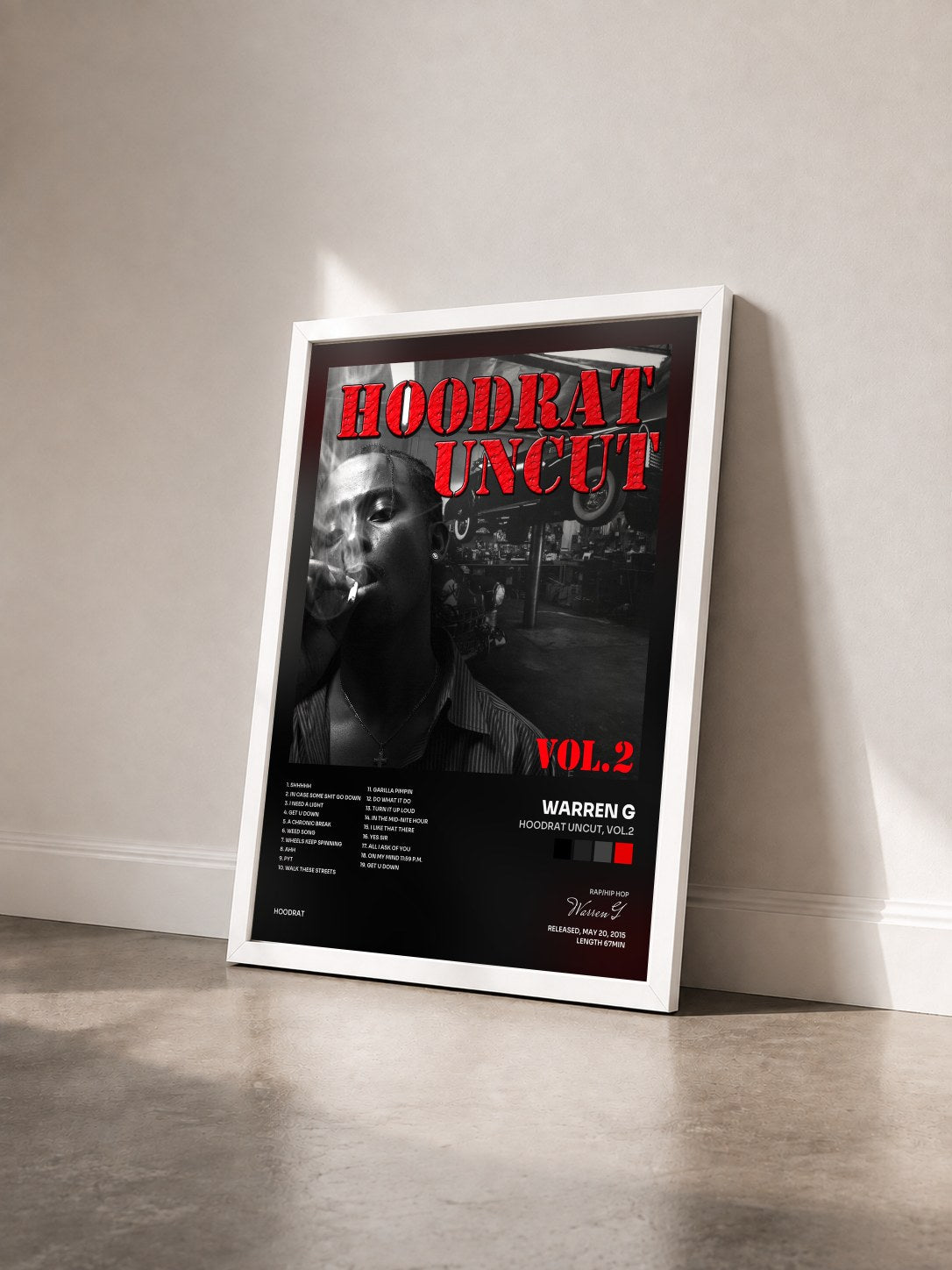 #blanc Tableau de l'album Hoodrat Uncut, Vol.2 de Warren G vu de trois quarts, cadre blanc