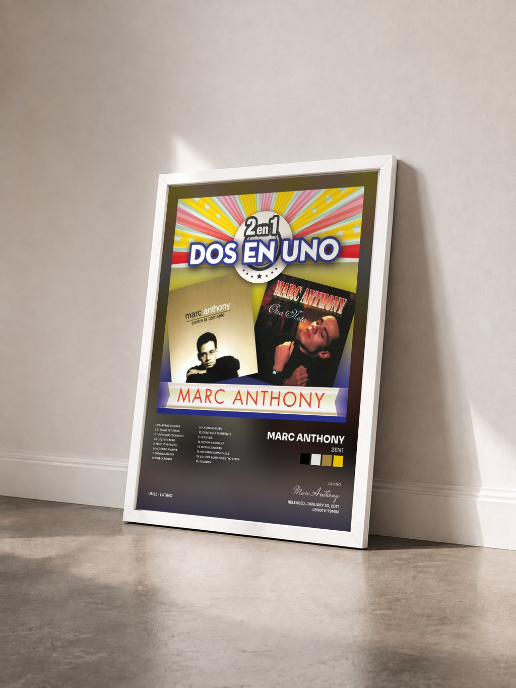 #blanc Tableau de l'album 2En1 de Marc Anthony vu de trois quarts, cadre blanc