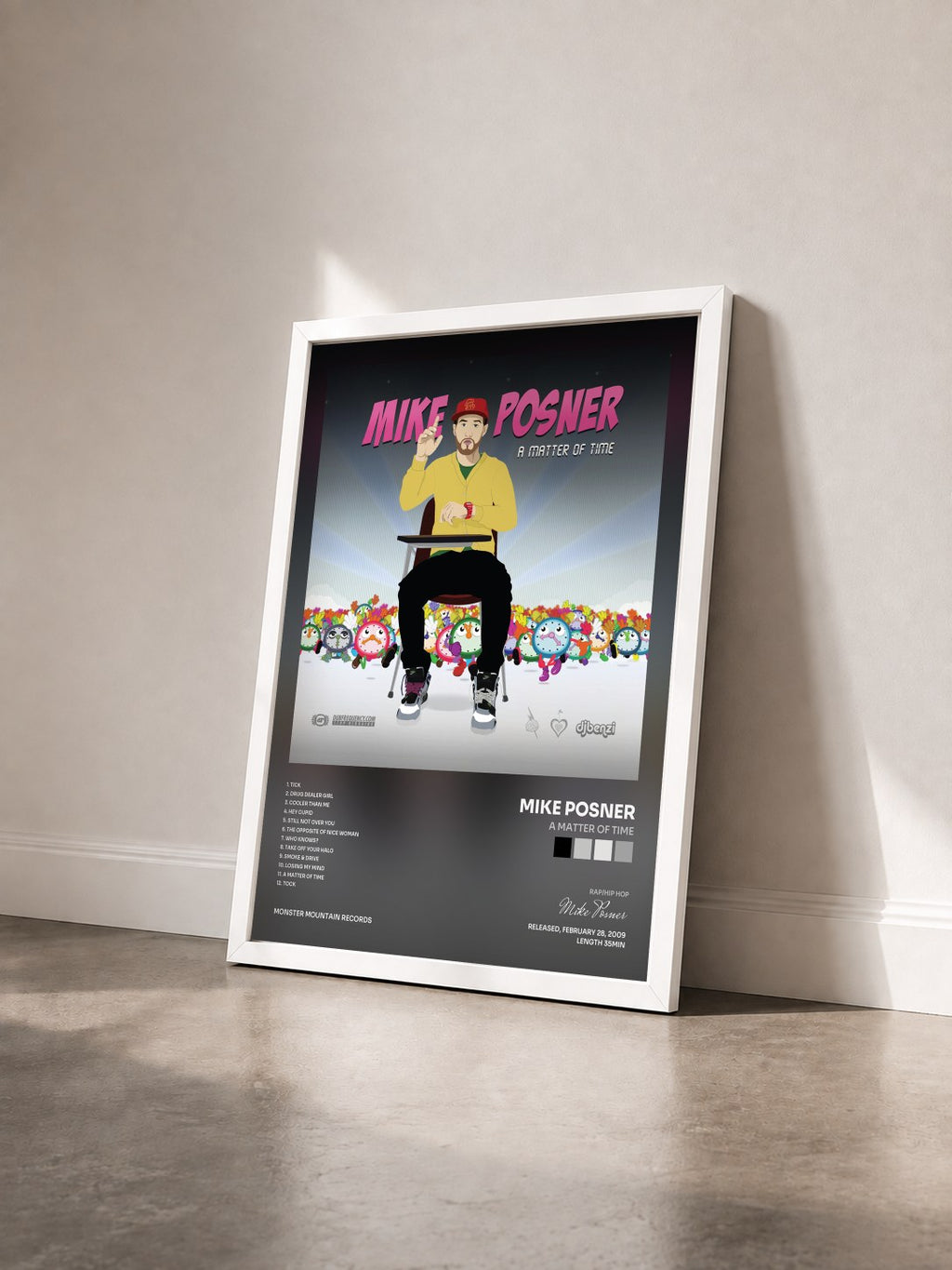#blanc Tableau de l'album A Matter Of Time de Mike Posner vu de trois quarts, cadre blanc