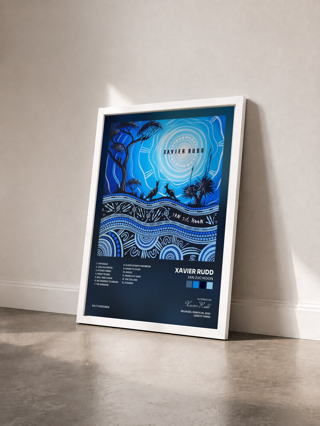 #blanc Tableau de l'album Jan Juc Moon de Xavier Rudd vu de trois quarts, cadre blanc