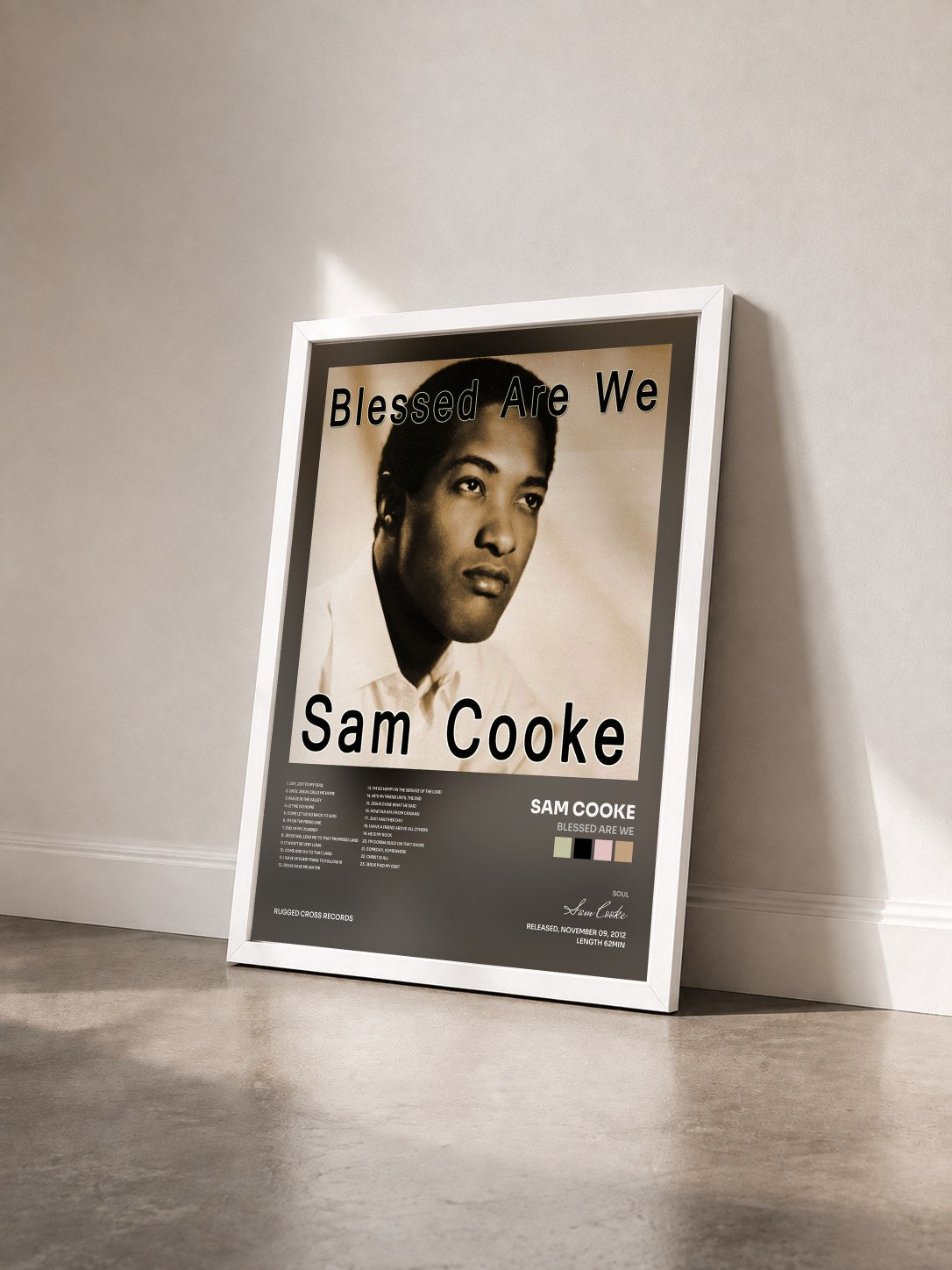 #blanc Tableau de l'album Blessed Are We de Sam Cooke vu de trois quarts, cadre blanc