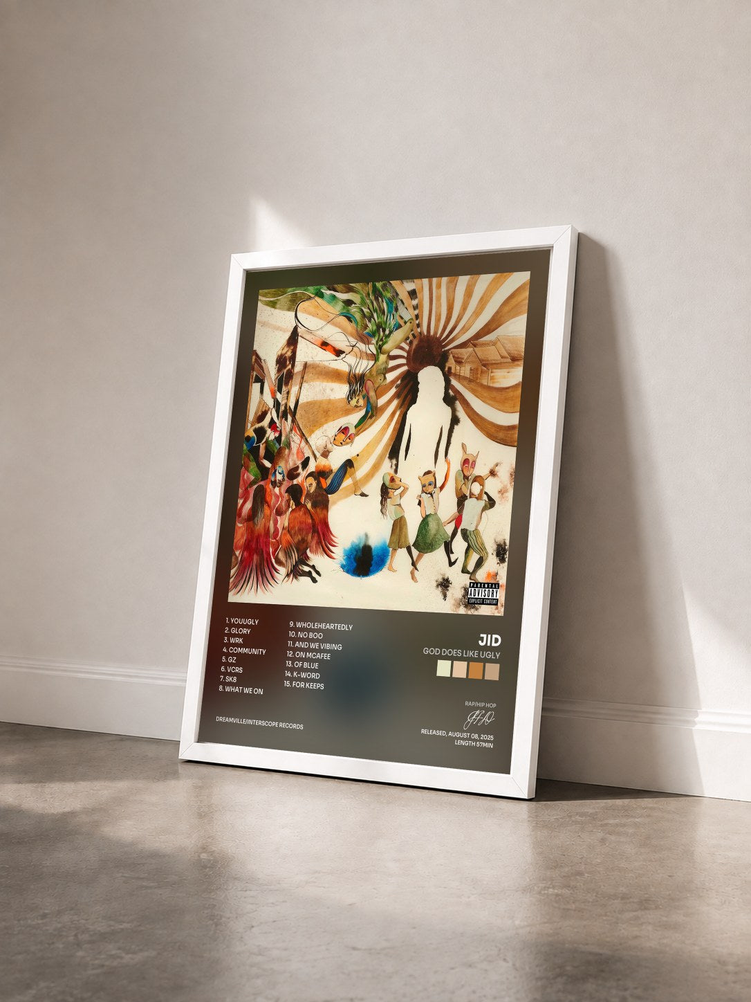 #blanc Tableau de l'album God Does Like Ugly de JID vu de trois quarts, cadre blanc