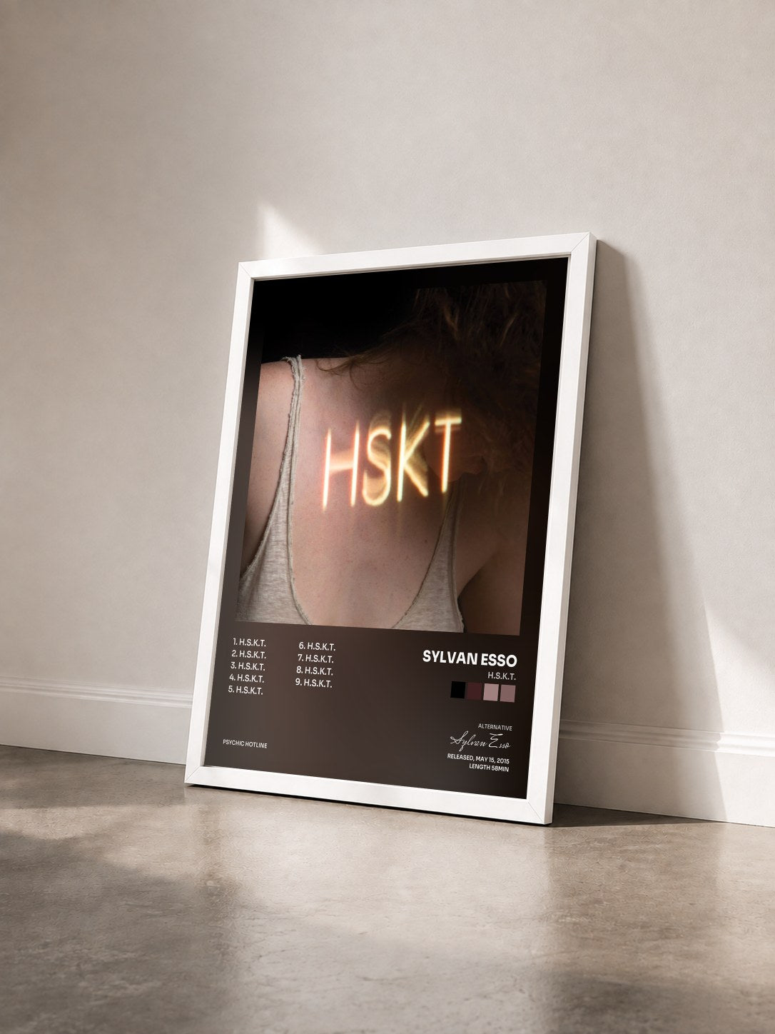 #blanc Tableau de l'album H.S.K.T. de Sylvan Esso vu de trois quarts, cadre blanc